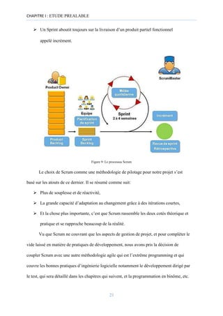 CHAPITRE I : ETUDE PREALABLE
➢ Un Sprint aboutit toujours sur la livraison d’un produit partiel fonctionnel
appelé incrément.
Figure 9: Le processus Scrum
Le choix de Scrum comme une méthodologie de pilotage pour notre projet s’est
basé sur les atouts de ce dernier. Il se résumé comme suit:
➢ Plus de souplesse et de réactivité,

➢ La grande capacité d’adaptation au changement grâce à des itérations courtes,

➢ Et la chose plus importante, c’est que Scrum rassemble les deux cotés théorique et
pratique et se rapproche beaucoup de la réalité.
Vu que Scrum ne couvrant que les aspects de gestion de projet, et pour compléter le
vide laissé en matière de pratiques de développement, nous avons pris la décision de
coupler Scrum avec une autre méthodologie agile qui est l’extrême programming et qui
couvre les bonnes pratiques d’ingénierie logicielle notamment le développement dirigé par
le test, qui sera détaillé dans les chapitres qui suivent, et la programmation en binôme, etc.
21
 