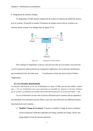 Chapitre II : Planification et architecture
b. Diagramme de contexte statique
Ce diagramme d’UML permet simplement de montrer la relation des différents acteurs
avec le système. Il spécifie le nombre d’instances de chaque acteur relié au système à un
moment donné comme il est indiqué dans la figure N°10.
Figure 10: Diagramme de contexte statique
Pour expliquer le diagramme ci-dessus, nous pouvons dire qu’à un instant t nous pouvons
avoir 0 ou plusieurs administrateurs qui manipulent l’application, et 0 ou plusieurs distributeurs
qui consultent la liste des leads ainsi 0 ou plusieurs clients qui sont en train d’utiliser
l’application.
I.2. Les besoins fonctionnels
Les besoins fonctionnels ou les cas d’utilisations en terme d’UML peuvent être définis comme
suit : « Un cas d’utilisation (use case) représente un ensemble de séquences d’actions réalisées
par le système et produisant un résultat observable intéressant pour un acteur particulier. » [8]
Un cas d’utilisation est une suite d’actions effectuées par le système afin de répondre à
une demande d’un utilisateur (acteur). Dans ce qui suit, nous décrivons les différents besoins
fonctionnels de notre système :
➢ Modifier l’image de la maison : Consiste à modifier l’image de notre simulation
à travers plusieurs méthodes (uploader une image, prendre une image, choisir une
image depuis la liste de maisons témoins),
25
 