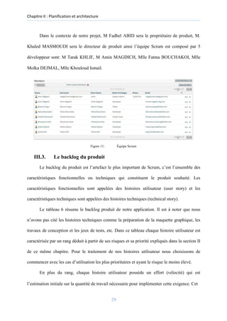 Chapitre II : Planification et architecture
Dans le contexte de notre projet, M Fadhel ABID sera le propriétaire de produit, M.
Khaled MASMOUDI sera le directeur de produit ainsi l’équipe Scrum est composé par 5
développeur sont: M Tarak KHLIF, M Amin MAGDICH, Mlle Fatma BOUCHAKOI, Mlle
Molka DEJMAL, Mlle Khouloud Ismail.
Figure 11: Équipe Scrum
III.3. Le backlog du produit
Le backlog du produit est l’artefact le plus important de Scrum, c’est l’ensemble des
caractéristiques fonctionnelles ou techniques qui constituent le produit souhaité. Les
caractéristiques fonctionnelles sont appelées des histoires utilisateur (user story) et les
caractéristiques techniques sont appelées des histoires techniques (technical story).
Le tableau 6 résume le backlog produit de notre application. Il est à noter que nous
n’avons pas cité les histoires techniques comme la préparation de la maquette graphique, les
travaux de conception et les jeux de tests, etc. Dans ce tableau chaque histoire utilisateur est
caractérisée par un rang déduit à partir de ses risques et sa priorité expliqués dans la section II
de ce même chapitre. Pour le traitement de nos histoires utilisateur nous choisissons de
commencer avec les cas d’utilisation les plus prioritaires et ayant le risque le moins élevé.
En plus du rang, chaque histoire utilisateur possède un effort (vélocité) qui est
l’estimation initiale sur la quantité de travail nécessaire pour implémenter cette exigence. Cet
29
 