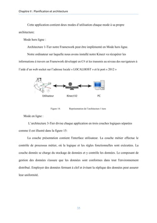 Chapitre II : Planification et architecture
Cette application contient deux modes d’utilisation chaque mode à sa propre
architecture:
Mode hors ligne :
Architecture 1-Tier notre Framework peut être implémenté en Mode hors ligne.
Notre ordinateur sur laquelle nous avons installé notre Kinect va récupérer les
informations à travers un Framework développé en C# et les transmis au niveau des navigateurs à
l’aide d’un web socket sur l’adresse locale « LOCALHOST » et le port « 2012 »
Figure 14: Représentation de l’architecture 1 tiers
Mode en ligne :
L’architecture 3-Tier divise chaque application en trois couches logiques séparées
comme il est illustré dans la figure 15:
La couche présentation contient l'interface utilisateur. La couche métier effectue le
contrôle de processus métier, où la logique et les règles fonctionnelles sont exécutées. La
couche donnée se charge du stockage de données et y contrôle les données. Le composant de
gestion des données s'assure que les données sont conformes dans tout l'environnement
distribué. Employer des données fermant à clef et évitant la réplique des données peut assurer
leur uniformité.
35
 