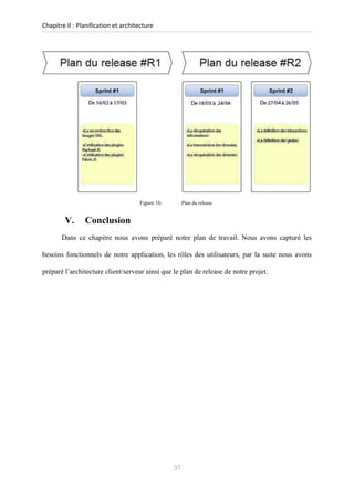 Chapitre II : Planification et architecture
Figure 16: Plan du release
V. Conclusion
Dans ce chapitre nous avons préparé notre plan de travail. Nous avons capturé les
besoins fonctionnels de notre application, les rôles des utilisateurs, par la suite nous avons
préparé l’architecture client/serveur ainsi que le plan de release de notre projet.
37
 