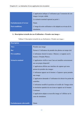 Chapitre III : La réalisation d’une application de simulation
L’application indique à l’utilisateur que l’extension de son
image n’est pas valide.
Le scénario nominal reprend au point 1.
Enchaînements d’erreur Néant.
Post-conditions L’image de notre utilisateur a été adaptée au niveau de la
simulation.
b) Description textuelle du cas d’utilisation « Prendre une image »
Tableau 9: Description textuelle du cas d'utilisation « Prendre une image »
Description
Titre Prendre une image
But Permet à l’utilisateur de prendre des photos en temps réel.
Pré-condition L’utilisateur choisit le menu « Maison » et appuie sur le
bouton « Prendre Photo».
Scénario nominal L’application vérifie si une Cam est installée correctement
sur son propre dispositif.
L’application affiche une interface de capture qui nous
permet de prendre des images.
L’utilisateur appuie sur le bouton « Capturer »pour prendre
une image.
L’application demande à l’utilisateur de choisir les points de
contrôles.
L’utilisateur modifie la position et la taille de l’image selon
la résolution spatiale de son écran et appuie sur le bouton
Continuer.
L’application adapte sa nouvelle image et l’affiche sur la
zone de simulation.
Enchaînements alternatifs Néant.
42
 