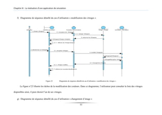 Chapitre III : La réalisation d’une application de simulation
f) Diagramme de séquence détaillé du cas d’utilisation « modification des vitrages »
Figure 23: Diagramme de séquence détaillé du cas d’utilisation « modification des vitrages »
La figure n°23 illustre les tâches de la modification des couleurs. Dans ce diagramme, l’utilisateur peut consulter la liste des vitrages
disponibles ainsi, il peut choisir l’un de ses vitrages.
g) Diagramme de séquence détaillé du cas d’utilisation « changement d’image »
53
 