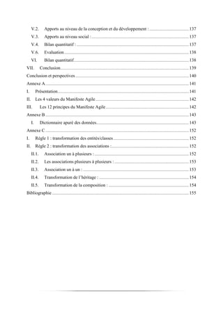 V.2. Apports au niveau de la conception et du développement :..........................................137
V.3. Apports au niveau social :.......................................................................................................137
V.4. Bilan quantitatif :.......................................................................................................................137
V.6. Evaluation....................................................................................................................................138
VI. Bilan quantitatif..........................................................................................................................138
VII. Conclusion........................................................................................................................................139
Conclusion et perspectives ........................................................................................................................140
Annexe A........................................................................................................................................................141
I. Présentation...........................................................................................................................................141
II. Les 4 valeurs du Manifeste Agile...................................................................................................142
III. Les 12 principes du Manifeste Agile........................................................................................142
Annexe B........................................................................................................................................................143
I. Dictionnaire apuré des données..................................................................................................143
Annexe C........................................................................................................................................................152
I. Règle 1 : transformation des entités/classes................................................................................152
II. Règle 2 : transformation des associations :..................................................................................152
II.1. Association un à plusieurs :....................................................................................................152
II.2. Les associations plusieurs à plusieurs :...............................................................................153
II.3. Association un à un : ................................................................................................................153
II.4. Transformation de l’héritage : ...............................................................................................154
II.5. Transformation de la composition : .....................................................................................154
Bibliographie.................................................................................................................................................155
 
