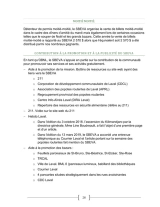 28
MOITIÉ MOITIÉ.
Détenteur de permis moitié-moitié, le SBEVA organise la vente de billets moitié-moitié
dans le cadre des dîners d’amitié du mardi mais également lors de certaines occasions
telles que le souper de Noël et les grands bazars. Cette année la vente de billets
moitié-moitié a rapporté au SBEVA 2 570 $ alors que l’équivalent soit 2 570 $ a été
distribué parmi nos nombreux gagnants.
CONTRIBUTION À LA PROMOTION ET À LA PUBLICITÉ DU SBEVA
En tant qu’OBNL, le SBEVA s’appuie en partie sur la contribution de la communauté
pour promouvoir ses services et ses activités gratuitement.
 Aide à la promotion de la mission. Bottins de ressources ou site web ayant des
liens vers le SBEVA
o 211
o Corporation de développement communautaire de Laval (CDCL)
o Association des popotes roulantes de Laval (APRL)
o Regroupement provincial des popotes roulantes
o Centre Info-Aînés Laval (DIRA Laval)
o Répertoire des ressources en sécurité alimentaire (réfère au 211)
 211. Vidéo sur le site web du 211
 Hebdo Laval.
o Dans l’édition du 3 octobre 2018. l’ascension du Kilimandjaro par la
directrice générale, Mme Line Boudreault, a fait l’objet d’une première page
et d’un article.
o Dans l’édition du 13 mars 2019, le SBEVA a accordé une entrevue
téléphonique au Courrier Laval et l’article portant sur la semaine des
popotes roulantes fait mention du SBEVA.
 Aide à la promotion des bazars :
o Feuillets paroissiaux de St-Bruno, Ste-Béatrice, St-Elzéar, Ste-Rose
o TRCAL
o Ville de Laval. BML 6 (panneaux lumineux, babillard des bibliothèques
o Courrier Laval
o 4 pancartes situées stratégiquement dans les rues avoisinantes
o CDC Laval
 