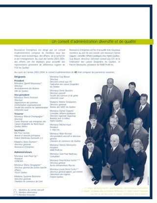 Ressources Entreprises est dirigé par un conseil
d’administration composé de membres issus des
milieux socio-économique, des affaires, de la recherche
et de l’enseignement. Au cours de l’année 2003-2004,
des efforts ont été déployés pour accueillir des
représentants provenant de différentes régions de
l’Est du Québec.
Ressources Entreprises est fier d’accueillir trois nouveaux
membres au sein de son conseil, soit messieurs Daniel
Giguère, conseiller, Affaires publiques chez Hydro-Québec,
Guy Bisson, directeur, Direction conseil aux CFE de la
Fédération des caisses Desjardins du Québec, et
Patrick Morissette, président de MAB Profil inc.
Dirigeants
Président
Monsieur Djamil Moussaoui*
Directeur
Arrondissement des Rivières
Ville de Québec
Vice-président
Monsieur Pierre Prémont
Directeur
Département des systèmes
d’information organisationnels
Faculté des sciences de l’administration
Université Laval
Trésorier
Monsieur Marcel Champagne*
Directeur
Centre financier aux entreprises des
Caisses Desjardins du Nord-Ouest
Québec-Métro
Secrétaire
Me Yves Lacroix
Avocat et associés principaux
Fasken Martineau Dumoulin s.r.l.
Madame Anne Demers*
Directrice générale
Ressources Entreprises
Administrateurs
Monsieur Jean-Paul Cyr*
Président
GENICAD
Monsieur Mario Desgagnés*
Directeur général des ventes marché
affaires
TELUS Québec
Madame Suzanne Bonnette
Directrice générale
Chambre de commerce de Lévis
Monsieur Guy Bisson
Directeur
Direction conseil aux CFE
Fédération des caisses Desjardins
du Québec
Monsieur Denis Bussière
Directeur exécutif
Faculté des sciences et de génie
Université Laval
Madame Hélène Deslauriers
Directrice générale
Réseau des SADC du Québec
Monsieur Daniel Giguère
Conseiller, Affaires publiques
Direction régionale Saguenay
Relation avec le milieu
Hydro-Québec
Monsieur Michel Huot
Président
S. Huot inc.
Monsieur Alain Kirouac
Vice-président exécutif et directeur
général
Chambre de commerce de Québec
Monsieur Patrick Morissette
Président
MAB Profil inc.
Monsieur Jean-Paul Nadreau
Consultant
Monsieur Paul-Arthur Fortin***
Directeur général
Accès entrepreneurs Plus inc.
Monsieur Louis-Denis Fortin**
Directeur général adjoint, par intérim
Opérations des régions
Emploi-Québec
Au cours de l’année 2003-2004, le conseil d’administration de RE était composé des personnes suivantes :
(1ère
rangée, de gauche à droite) : Suzanne Bonnette, Djamil Moussaoui, Anne Demers,
(2e
rangée) : Guy Bisson, Jean-Paul Nadreau, Michel Huot, (3e
rangée) : Marcel Champagne,
Jean-Paul Cyr, Me Yves Lacroix, (4e
rangée) : Pierre Prémont, Patrick Morissette.
Un conseil d’administration diversifié et de qualité 3
(*) Membres du comité exécutif
(**) Membre observateur
(***) Membre honoraire
perspective
 