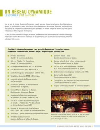 g	 24e
Gala des Fidéides, 	
	 Chambre de commerce de Québec.  
g	 Gala Les Pléiades Prix d’excellence, 	
	 Chambre de commerce de Lévis.
g	 9e
Congrès de l’Association des CLD du Québec.
g	 Gala Reconnaissance 2007, Réseau META.
g	 Soirée Hommage aux ambassadeurs CORPAV 2007.
g	 Congrès du réseau des SADC, à Shawinigan.
g	 Assemblée générale du Réseau canadien 	
	 des Technologies.  
g	 9e
Concours québécois en entrepreneuriat, 	
	 sections locale et régionale.  
g	 Contact Affaires, Saguenay et Mauricie, 	
	 Développement économique Canada.
g	 Congrès de la Fédération des chambres 	
	 de commerce du Québec, Rivière-du-Loup.  
g	 Gala de la Chambre de commerce française 	
	 du Canada – 7e
édition des Prix d’excellence 	
	 en affaires Québec-France 2007.  
g	 Semaine de la productivité et de l’efficacité 	
	 (SPE) Enjeux PME, Chambre de commerce de Lévis.
g	 Forum de la Capitale-Nationale en Entrepreneuriat féminin.
g	 29e
édition du Souper annuel 	
	 des gens d’affaires de la Nouvelle-Beauce.
g	 Soirée Un monde à faire, 	
	 Chambre de commerce de Québec.
g	 Journée nationale de la culture entrepreneuriale, 	
	 Carrefour jeunesse-emploi de Québec.
g	 16e
Gala de la Jeune Personnalité d’affaires 	
	 de la Jeune Chambre de commerce de Québec.
g	 Cérémonie de remise de joncs, Centre R.I.R.E. 2000.
g	 Soirée Trophée Vision 2007, 	
	 Chambre de commerce de Québec.
g	 Petits « DEJ » des champions de l’approvisionnement, 	
	 Chambre de commerce de Québec.
g	 Soupers-conférences, Chambre de commerce de Lévis.
UN RÉSEAU DYNAMIQUE
L’ensemble FAIT LA FORCE
Tout au long de l’année, Ressources Entreprises travaille avec son réseau de partenaires, formé d’organismes
réputés et dynamiques du milieu des affaires et du développement économique. Ensemble, nous établissons
une synergie de compétences et d’initiatives pour répondre à un éventail complet de besoins exprimés par les
entrepreneurs et les dirigeants d’entreprises.
En plus du travail quotidien d’échanges de services, d’information et de référencement de clientèles, un engage-
ment mutuel associe Ressources Entreprises et ses partenaires dans la réalisation de nombreuses initiatives,
activités et événements.
ressources entrepriseS - rapport annuel 2007-2008 16
Comités et événements auxquels s’est associée Ressources Entreprises comme
partenaire, commanditaire, membre du jury ou participant, en 2007-2008 :
Ressources Entreprises était membre du jury au 24e
Gala des Fidéides
de la Chambre de commerce de Québec, tenu le 13 mars 2008 au
Centre des congrès de Québec.
 