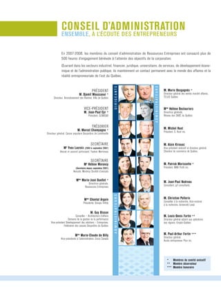 conseil d’administration
ensemble, à l’écoute des entrepreneurs
administrateurs
Dirigeants
Mme
Hélène Deslauriers
Directrice générale, 	
Réseau des SADC du Québec
M. Michel Huot
Président, S. Huot inc.
M. Alain Kirouac
Vice-président exécutif et directeur général,
Chambre de commerce de Québec
Secrétaire
Me
Hélène Morency
(Secrétaire depuis septembre 2007)
Avocate, Morency Société d’avocats
M. Patrick Morissette *
Président, MAB Profil inc.
M. Jean-Paul Nadreau
Consultant, jpf consultants
M. Christian Pellerin
Conseiller à la recherche, Vice-rectorat 	
à la recherche, Université Laval
M. Louis-Denis Fortin **
Directeur général adjoint aux opérations 	
des régions, Emploi-Québec
En 2007-2008, les membres du conseil d’administration de Ressources Entreprises ont consacré plus de	
500 heures d’engagement bénévole à l’atteinte des objectifs de la corporation.
Œuvrant dans les secteurs industriel, financier, juridique, universitaire, de services, de développement écono-	
mique et de l’administration publique, ils maintiennent un contact permanent avec le monde des affaires et la
réalité entrepreneuriale de l’est du Québec.
administrateurs
M. Paul-Arthur Fortin ***
Directeur général, 	
Accès entrepreneur Plus inc.
* 	 Membres du comité exécutif
** 	 Membre observateur
***	 Membre honoraire
Président
M. Djamil Moussaoui *
Directeur, Arrondissement des Rivières, Ville de Québec
Vice-président
M. Jean-Paul Cyr *
Président, GENICAD
Trésorier
M. Marcel Champagne *
Directeur général, Caisse populaire Desjardins de Loretteville
Secrétaire
Me
Yves Lacroix (2003 à septembre 2007)
Avocat et associé participant, Fasken Martineau
Mme
Marie-José Ouellet *
Directrice générale,	
Ressources Entreprises
Mme
Chantal Arguin
Présidente, Groupe Trifide
M. Guy Bisson
Conseiller – Architecture d’affaire
Domaine de la gestion de la performance
Vice-président Développement des solutions – Entreprises,
Fédération des caisses Desjardins du Québec
Mme
Marie-Claude de Billy
Vice-présidente à l’administration, Crocs Canada
M. Mario Desgagnés *
Directeur général des ventes marché affaires,
TELUS Québec
 