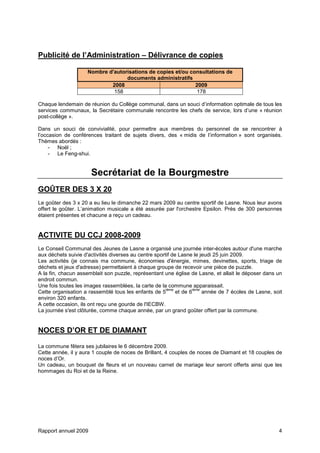 Rapport annuel 2009 4
Publicité de l’Administration – Délivrance de copies
Nombre d'autorisations de copies et/ou consultations de
documents administratifs
2008 2009
158 178
Chaque lendemain de réunion du Collège communal, dans un souci d’information optimale de tous les
services communaux, la Secrétaire communale rencontre les chefs de service, lors d’une « réunion
post-collège ».
Dans un souci de convivialité, pour permettre aux membres du personnel de se rencontrer à
l’occasion de conférences traitant de sujets divers, des « midis de l’information » sont organisés.
Thèmes abordés :
- Noël ;
- Le Feng-shui.
Secrétariat de la Bourgmestre
GOÛTER DES 3 X 20
Le goûter des 3 x 20 a eu lieu le dimanche 22 mars 2009 au centre sportif de Lasne. Nous leur avons
offert le goûter. L’animation musicale a été assurée par l'orchestre Epsilon. Près de 300 personnes
étaient présentes et chacune a reçu un cadeau.
ACTIVITE DU CCJ 2008-2009
Le Conseil Communal des Jeunes de Lasne a organisé une journée inter-écoles autour d'une marche
aux déchets suivie d'activités diverses au centre sportif de Lasne le jeudi 25 juin 2009.
Les activités (je connais ma commune, économies d'énergie, mimes, devinettes, sports, triage de
déchets et jeux d'adresse) permettaient à chaque groupe de recevoir une pièce de puzzle.
A la fin, chacun assemblait son puzzle, représentant une église de Lasne, et allait le déposer dans un
endroit commun.
Une fois toutes les images rassemblées, la carte de la commune apparaissait.
Cette organisation a rassemblé tous les enfants de 5
ième
et de 6
ième
année de 7 écoles de Lasne, soit
environ 320 enfants.
A cette occasion, ils ont reçu une gourde de l'IECBW.
La journée s'est clôturée, comme chaque année, par un grand goûter offert par la commune.
NOCES D’OR ET DE DIAMANT
La commune fêtera ses jubilaires le 6 décembre 2009.
Cette année, il y aura 1 couple de noces de Brillant, 4 couples de noces de Diamant et 18 couples de
noces d’Or.
Un cadeau, un bouquet de fleurs et un nouveau carnet de mariage leur seront offerts ainsi que les
hommages du Roi et de la Reine.
 