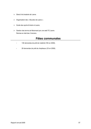 Rapport annuel 2009 57
Stand à la braderie de Lasne.
Organisation des « Boucles de Lasne ».
Guide des sports & loisirs à Lasne.
Gestion des tennis de Maransart par une asbl TC Lasne.
Remise en état des 3 terrains.
Fêtes communales
- 136 demandes de prêt de matériel (165 en 2008).
- 28 demandes de prêt de chapiteaux (33 en 2008).
 