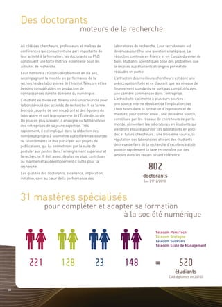Des doctorants
                                           moteurs de la recherche




     31 mastères spécialisés
     Au côté des chercheurs, professeurs et maîtres de          laboratoires de recherche. Leur recrutement est
     conférences qui consacrent une part importante de          devenu aujourd’hui une question stratégique. La
     leur activité à la formation, les doctorants ou PhD        réduction continue en France et en Europe du vivier de
     constituent une force motrice essentielle pour les         bons étudiants scientifiques pose des problèmes que
     activités de recherche.                                    le recours aux étudiants étrangers permet de
     Leur nombre a crû considérablement en dix ans,             résoudre en partie.




                    pour compléter et adapter sa formation
     accompagnant la montée en performance de la                L’attraction des meilleurs chercheurs est donc une




                                          à la société numérique
     recherche des laboratoires de l’Institut Télécom et les    préoccupation forte et ce d’autant que les niveaux de
     besoins considérables en production de                     financement standards ne sont pas compétitifs avec
     connaissances dans le domaine du numérique.                une carrière commencée dans l’entreprise.
     L’étudiant en thèse est devenu ainsi un acteur clé pour    L’attractivité s’alimente à plusieurs sources :
     le bon déroulé des activités de recherche. Il se forme,    une source interne résultant de l’implication des
     bien sûr, auprès de son encadrant et des équipes du        chercheurs dans la formation d’ingénieurs et de
     laboratoire et suit le programme de l’École doctorale.     mastère, pour donner envie ; une deuxième source,
     De plus en plus souvent, il enseigne ou fait bénéficier    constituée par les réseaux de chercheurs de par le
     des entreprises de sa jeune expertise. Très                monde, alimentant les laboratoires en étudiants qui




                                                                                  doctorants
     rapidement, il est impliqué dans la rédaction des          viendront ensuite pourvoir ces laboratoires en post-
     nombreux projets à soumettre aux différentes sources       doc et futurs chercheurs ; une troisième source, la
     de financements et doit participer aux projets de          réputation des laboratoires attirant des étudiants
     publications, qui lui permettront par la suite de          désireux de faire de la recherche d’excellence et de
     postuler aux postes dans l’enseignement supérieur et       pouvoir rapidement la faire reconnaître par des
     la recherche. Il doit aussi, de plus en plus, contribuer   articles dans les revues faisant référence.
     au maintien et au développement d’outils pour la
     recherche.
     Les qualités des doctorants, excellence, implication,
     initiative, sont au cœur de la performance des
                                                                                   (au 21/12/2010)




                                                                                                        étudiants
                                                                                          Télécom ParisTech
                                                                                          Télécom Bretagne
                                                                                          Télécom SudParis
                                                                                          Télécom Ecole de Management
                                                                                     802




                                                                                                     (348 diplômés en 2010)
          221                 128                   23                148                 =                520

30
 
