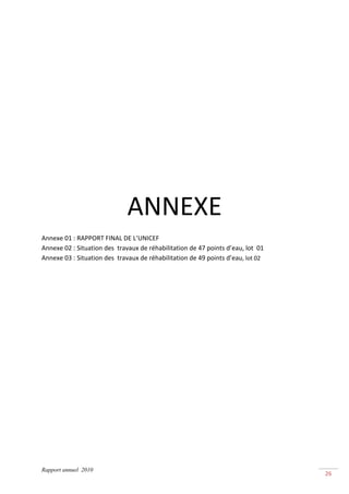  
 

 

 

 

 

 

 

 

 

 




                               ANNEXE 
Annexe 01 : RAPPORT FINAL DE L’UNICEF  
Annexe 02 : Situation des  travaux de réhabilitation de 47 points d’eau, lot  01  
Annexe 03 : Situation des  travaux de réhabilitation de 49 points d’eau, lot 02 




Rapport annuel 2010
                                                                                     26 
 