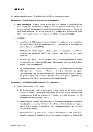 1 RESUME
 

Les réalisations du Programme PAEAR durant  l’année 2010 se résume comme suit : 

Composante A : Appui institutionnel et renforcement des capacités 

    •   Appui  institutionnel :  il  restait  comme  activité dans  cette  rubrique  la  réhabilitation  des 
        locaux de l’ANDEA à Antananarivo et à Majunga ainsi que la réhabilitation des locaux de la 
        Direction  Régionale  de  la  population  et  des  affaires  sociales  à  Antsiranana  et  à  Toliara.  Les 
        DAO y relatifs attendent  l’avis de  non objection de la BAD en vue du lancement des appels 
        d’offres des travaux, les dossiers ont été envoyés à la BAD en date du 29/09/2010 ; 

    •   Activités IEC :  

             Identification  de  163  sites  de  forage,  sensibilisation  et  mobilisation  pour  la  réalisation 
             des  latrines.  Ces  activités  ont  été  réalisées  par  la  CEP  en  attendant  le  recrutement  du 
             cabinet chargé de l’étude CAP/IEC 

             Attribution  du  marché  relatif  à  l’étude  CAP/IEC  au  Groupement  TARATRA/EDE, 
             démarrage  des  activités  de  CAP/IEC  par  ce  dernier :  120  Comités  de  Points  d’eau 
             structurés 

             IEC  Radios  par  UNICEF :  Suivi  des  Groupes  d’écoute,  suivi  des  productions  de  théâtre 
             radiophonique, mise en place de 388 Groupes d’écoutes dans les régions de Sava, Sofia, 
             Melaky, Diana, Anosy et Androy 

             IEC  Santé  par  FNUAP :  Production  de  supports  IEC/CCC  de  proximité  selon  l’approche 
             CRIS  (Connaître  –  Recenser  –  Informer  –  Suivre)  à  l’attention  des  agents 
             communautaires.  C’est  une  approche  basée  sur  l’accompagnement  effectif  et  continu 
             des  groupes  cibles  tout  au  long  du  processus  d’éducation  jusqu’à  l’effectivité  du 
             changement recherché vers le comportement favorable à la santé. 

Composante B : Réhabilitation et développement des infrastructures 

    •   Système d’Alimentation en Eau Potable 

             30  Grands  centres :  Etudes  d’Alimentation  en  Eau  Potable  de  30  Grands  Centres 
             réalisées en totalité.  Appel d’offres international des 30 sites lancé et attend l’avis de 
             non  objection  de  la  BAD  sur  le  résultat  de  l’évaluation  des  offres.  Les  dossiers  ont  été 
             envoyés à la BAD en date du 16/11/2010 

             180 Petits centres : Appel d’offres national du lot de 52 localités lancé et attend l’avis de 
             non  objection  de  la  BAD  sur  l’évaluation  des  offres.  Les  dossiers  ont  été  envoyés  à  la 
             BAD  en  date  du  23/08/2010.  Le  DAO  de  5  sites  est  également  réalisé.    Les  113  autres 
             sites sont établis en APS. 

             Réhabilitation  de  230  points  d’eau :  Etudes  de  réhabilitation  de  230  points  d’eau  
             achevées en totalité. Travaux de 96 points d’eau en cours d’exécution. Le DAO des 134 




Rapport annuel 2010
                                                                                                                        5 
 