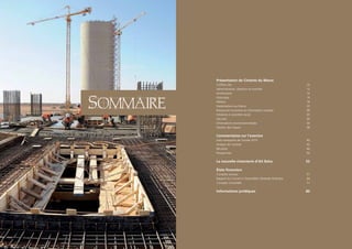 Présentation de Ciments du Maroc	
                                     Chiffres clés	                                10
                                     Administration, direction et contrôle 	       12
                                     Actionnariat	14



                          Sommaire
                                     Historique	16
                                     Métiers	18
                                     Implantations au Maroc	                       22
                                     Ressources humaines et informations sociales	 28
                                     Initiatives à caractère social	               30
                                     Sécurité	34
                                     Informations environnementales	               36
                                     Gestion des risques	                          38

                                     Commentaires sur l’exercice	
                                     Faits marquants de l’année 2010 	 40
                                     Analyse de l’activité	            42
                                     Résultats	46
                                     Perspectives	50

                                     La nouvelle cimenterie d’Aït Baha	                     52

                                     États financiers	
                                     Comptes sociaux	                                       57
                                     Rapport du Conseil à l’Assemblée Générale Ordinaire	   64
                                     Comptes consolidés	                                    71

                                     Informations juridiques	                               80




4 - Rapport annuel 2010
 