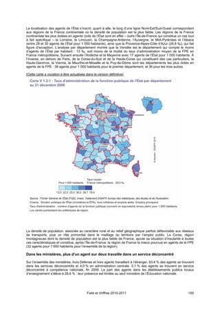 La localisation des agents de l’État s’inscrit, quant à elle, le long d’une ligne Nord-Est/Sud-Ouest correspondant
aux régions de la France continentale où la densité de population est la plus faible. Les régions de la France
continentale les plus dotées en agents civils de l’État sont en effet – outre l’Île-de-France qui constitue un cas tout
à fait spécifique – la Lorraine, le Limousin, la Champagne-Ardenne, l’Auvergne, le Midi-Pyrénées et l’Alsace
(entre 28 et 30 agents de l’État pour 1 000 habitants), ainsi que la Provence-Alpes-Côte d’Azur (28,8 ‰), qui fait
figure d’exception. L’analyse par département montre que la Vendée est le département qui compte le moins
d’agents de l’État par habitant : 13 ‰, soit moins de la moitié du taux d’administration moyen de la FPE en
France métropolitaine. Suivent ensuite l’Ardèche et la Mayenne avec 17 agents de l’État pour 1 000 habitants. À
l’inverse, en dehors de Paris, de la Corse-du-Sud et de la Haute-Corse qui constituent des cas particuliers, la
Haute-Garonne, la Vienne, la Meurthe-et-Moselle et le Puy-de-Dôme sont les départements les plus dotés en
agents de la FPE : 38 agents pour 1 000 habitants pour le premier département, et 36 pour les trois autres.

(Cette carte a vocation à être actualisée dans la version définitive)




La densité de population, associée au caractère rural et au relief géographique parfois défavorable aux réseaux
de transports, joue un rôle primordial dans le maillage du territoire par l’emploi public. La Corse, région
montagneuse dont la densité de population est la plus faible de France, ajoute sa situation d’insularité à toutes
ces caractéristiques et constitue, après l’Île-de-France, la région de France la mieux pourvue en agents de la FPE
(32 agents pour 1 000 habitants pour l’ensemble de la région).

Dans les ministères, plus d’un agent sur deux travaille dans un service déconcentré

Sur l’ensemble des ministères, hors Défense et hors agents travaillant à l’étranger, 63,4 % des agents se trouvent
dans les services déconcentrés et 4,0 % en administration centrale. 0,1 % des agents se trouvent en service
déconcentré à compétence nationale, fin 2009. La part des agents dans les établissements publics locaux
d’enseignement s’élève à 28,6 % : leur présence est limitée au seul ministère de l’Éducation nationale.




                                           Faits et chiffres 2010-2011                                             100
 