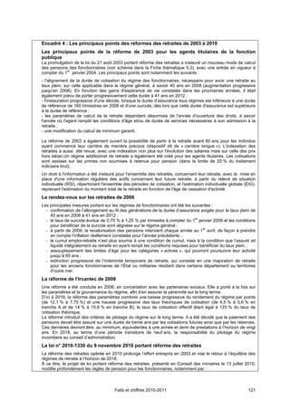 Encadré 4 : Les principaux points des réformes des retraites de 2003 à 2010
Les principaux points de la réforme de 2003 pour les agents titulaires de la fonction
publique
La promulgation de la loi du 21 août 2003 portant réforme des retraites a instauré un nouveau mode de calcul
des pensions des fonctionnaires (voir schéma dans la Fiche thématique 5.3), avec une entrée en vigueur à
compter du 1er janvier 2004. Les principaux points sont notamment les suivants :
- l'alignement de la durée de cotisation du régime des fonctionnaires, nécessaire pour avoir une retraite au
taux plein, sur celle applicable dans le régime général, à savoir 40 ans en 2008 (augmentation progressive
jusqu'en 2008). En fonction des gains d'espérance de vie constatés dans les prochaines années, il était
également prévu de porter progressivement cette durée à 41 ans en 2012 ;
- l'instauration progressive d'une décote, lorsque la durée d'assurance tous régimes est inférieure à une durée
de référence de 160 trimestres en 2008 et d'une surcote, dès lors que cette durée d'assurance est supérieure
à la durée de référence ;
- les paramètres de calcul de la retraite dépendent désormais de l'année d'ouverture des droits, à savoir
l'année où l'agent remplit les conditions d'âge et/ou de durée de services nécessaires à son admission à la
retraite ;
- une modification du calcul de minimum garanti.

La réforme de 2003 a également ouvert la possibilité de partir à la retraite avant 60 ans pour les individus
ayant commencé leur carrière de manière précoce (dispositif dit de « carrière longue »). L'indexation des
retraites a aussi été revue, avec une indexation non plus sur l'évolution des salaires mais sur celle des prix
hors tabac.Un régime additionnel de retraite a également été créé pour les agents titulaires. Les cotisations
sont assises sur les primes non soumises à retenue pour pension (dans la limite de 20 % du traitement
indiciaire brut).
Un droit à l'information a été instauré pour l'ensemble des retraités, concernant leur retraite, avec la mise en
place d'une information régulière des actifs concernant leur future retraite, à partir du relevé de situation
individuelle (RSI), répertoriant l'ensemble des périodes de cotisation, et l'estimation individuelle globale (EIG),
reprenant l'estimation du montant total de la retraite en fonction de l'âge de cessation d'activité.
Le rendez-vous sur les retraites de 2008
Les principales mesures portant sur les régimes de fonctionnaires ont été les suivantes :
  - confirmation de l’allongement au fil des générations de la durée d’assurance exigée pour le taux plein de
    40 ans en 2008 à 41 ans en 2012 ;
  - le taux de surcote évolue de 0,75 % à 1,25 % par trimestre à compter du 1er janvier 2009 et les conditions
    pour bénéficier de la surcote sont alignées sur le régime général ;
  - à partir de 2009, la revalorisation des pensions intervient chaque année au 1er avril, de façon à prendre
    en compte l’inflation réellement constatée pour l’année précédente ;
  - le cumul emploi-retraite n’est plus soumis à une condition de cumul, mais à la condition que l’assuré ait
    liquidé intégralement sa retraite en ayant rempli les conditions requises pour bénéficier du taux plein ;
  - assouplissement des limites d’âge pour les catégories « actives », qui pourront poursuivre leur activité
    jusqu’à 65 ans ;
  - extinction progressive de l’indemnité temporaire de retraite, qui consiste en une majoration de retraite
    pour les anciens fonctionnaires de l’État ou militaires résidant dans certains département ou territoires
    d’outre mer.
La réforme de l’Ircantec de 2008
Une réforme a été conduite en 2008, en concertation avec les partenaires sociaux. Elle a porté à la fois sur
les paramètres et la gouvernance du régime, afin d’en assurer la pérennité sur le long terme.
D’ici à 2018, la réforme des paramètres combine une baisse progressive du rendement du régime par points
(de 12,1 % à 7,75 %) et une hausse progressive des taux théoriques de cotisation (de 4,5 % à 5,6 % en
tranche A et de 14 % à 15,6 % en tranche B), le taux de cotisation effectif étant égal à 125 % du taux de
cotisation théorique.
La réforme introduit des critères de pilotage du régime sur le long terme. Il a été décidé que le paiement des
pensions devait être assuré sur une durée de trente ans par les cotisations futures ainsi que par les réserves.
Ces dernières devront être, au minimum, équivalentes à une année et demi de prestations à l’horizon de vingt
ans. En 2018, au terme d’une période transitoire de neuf ans, la responsabilité du pilotage du régime
incombera au conseil d’administration.
La loi n° 2010-1330 du 9 novembre 2010 portant réforme des retraites
La réforme des retraites opérée en 2010 prolonge l’effort entrepris en 2003 et vise le retour à l’équilibre des
régimes de retraite à l’horizon de 2018.
À ce titre, le projet de loi portant réforme des retraites, présenté en Conseil des ministres le 13 juillet 2010,
modifie profondément les règles de pension pour les fonctionnaires, notamment par :



                                       Faits et chiffres 2010-2011                                             121
 