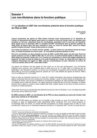 Dossier 1
Les non-titulaires dans la fonction publique


1.1 La situation en 2007 des non-titulaires présents dans la fonction publique
de l’État en 2003
                                                                                                                        Aude Lapinte
                                                                                                                            DGAFP1


Jusqu’à récemment, les agents de l’État étaient recensés quasi exclusivement au 31 décembre de
l’année. En dénombrant les agents ayant exercé un emploi au cours de l’année civile, une situation plus
complexe se fait jour, notamment chez les non-titulaires, population dont le turn-over est important.
Ainsi, tandis qu’au 31 décembre 2007 on comptait 334 8002 non-titulaires dans la fonction publique de
l’État (FPE), ils étaient deux fois plus nombreux à avoir, au cours de l’année 2007, exercé un emploi
qualifié d’emploi principal3, toutes durées prises en compte.
Leur temps de présence sur l’année est très variable : un tiers d’entre eux est présent durant les douze
mois ; la moitié est présent six mois au plus ; 16 % travaillent seulement pendant un mois.
Plus d’un non-titulaire sur deux présents au cours de 2003 a quitté l’État quatre ans plus tard. Parmi les
agents présents à la fois en 2003 et 2007, 88,1 % ont connu un profil d’activité stable en 2003 (avec une
seule plage de présence), tandis que 1,6 % d’entre eux connaissait au moins trois plages distinctes de
présence. Au total, la durée de présence et le profil d’activité sur l’année, au même titre que l’âge et la
catégorie hiérarchique de l’agent en 2003, sont les caractéristiques les plus influentes en termes de
« taux de maintien dans la FPE » entre 2003 et 2007.

Les agents non titulaires sont des agents de droit public qui ne sont pas fonctionnaires. Leur recrutement
s’effectue sans concours, pour l’essentiel dans le cadre de la loi du 11 juillet 1984, et n’entraîne pas de
titularisation, sauf disposition expresse. Le recours aux non-titulaires a progressé dans la fonction publique de
l’État (FPE) au cours de la dernière décennie, passant de 13,0 % des effectifs des agents de l’État fin 1998 à
                                       4
14,3 % fin 2008 puis 15,1 % fin 2009 .

Dans le cadre du protocole d’accord du 31 mars 2011 portant sécurisation des parcours professionnels des
agents contractuels dans les trois versants de la fonction publique : accès à l’emploi titulaire et amélioration des
conditions de travail, il est convenu d’améliorer la connaissance statistique de cette population très hétérogène.
Les réalités sont en effet très diverses : de l’agent saisonnier embauché deux mois pour remplacer un titulaire
pendant l’été à l’agent en contrat à durée indéterminée (CDI), présent depuis dix ans dans le même service et
occupant un emploi permanent.

Cette étude fournit pour la première fois des éléments de parcours des non-titulaires, ici sur une plage temporelle
de cinq ans, soit en 2003 puis en 2007.

En 2003 comme en 2007, un non-titulaire de la FPE sur deux présents au cours de l’année n’est
plus sous contrat au 31 décembre

Parmi les 757 900 agents non titulaires qui ont travaillé, à titre principal, au                 cours de l’année 2003, dans un
ministère ou dans un établissement public administratif (ÉPA), seulement                         45 % sont encore présents au
31 décembre 2003. De même, on compte 667 500 non-titulaires en emploi                            principal dans la FPE en cours
d’année 2007, tandis qu’on en dénombre seulement 334 800 au 31 décembre                          20075. De fait, la moitié des non-



1
  DGAFP, bureau des statistiques, des études et de l’évaluation.
2
  Le choix a été fait dans cet article d’arrondir les effectifs à la centaine. En outre, les résultats ont été établis à partir du fichier
général de l’État 2007 version semi-définitive, ce qui peut conduire à de légères différences avec les niveaux d’emplois
principaux au 31 décembre publiés par ailleurs : en particulier, les rétropolations effectuées pour l’édition 2010-2011 de Faits et
chiffres du Rapport annuel sur l’état de la fonction publique ne sont pas prises en compte. Cela n’est pas de nature à remettre
en cause les conclusions de cette étude.
3
  Voir encadré 1 sur le suivi statistique des agents non titulaires dans le fichier de paye.
4
  Séries rétropolées (voir Vue 1.1).
5
  Sur les 757 900 agents non titulaires présents au cours de 2003, 262 500 ne peuvent être suivis dans le temps pour cause
d’identifiant invalide (voir Lapinte, A. (2011, à paraître) « Les non-titulaires dans la fonction publique de l’État : des premiers



                                                  Faits et chiffres 2010-2011                                                        163
 