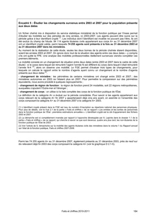 Encadré 5 : Étudier les changements survenus entre 2003 et 2007 pour la population présente
aux deux dates

Un fichier chaîné mis à disposition du service statistique ministériel de la fonction publique par l’Insee permet
d’étudier les mobilités sur des périodes de cinq années, ici 2003-2007. Les agents peuvent être suivis sur la
période grâce à leur identifiant crypté (1). Les individus dont l’identifiant est invalide ne pouvant pas l’être, ils ont
été exclus du champ de l’étude. 84 114 agents titulaires civils appartenant aux corps A+ au 31 décembre 2007
ont un identifiant crypté valide, parmi lesquels 74 255 agents sont présents à la fois au 31 décembre 2003 et
au 31 décembre 2007 dans les ministères.
Au moment de la réalisation de cette étude, seules les deux bornes de la période chaînée étaient disponibles,
soient les années 2003 et 2007. On ignore donc tout de la situation des agents entre ces deux dates – y compris
s’ils ont quitté la FPE. Une analyse des mobilités professionnelles réellement survenues viendra compléter ces
premiers éléments.
La mobilité consiste en un changement de situation entre deux dates (entre 2003 et 2007 dans le cadre de cette
étude) : si le corps dans lequel est rémunéré l’agent l’année N est différent du corps dans lequel il était rémunéré
l’année N-4 (2), alors on observe une mobilité. Le FGE permet d’évaluer trois types de changements, pour
lesquels on calcule le rapport entre le nombre d’agents ayant connu un changement et le nombre d’agents
présents aux deux dates (3).
- changement de ministère : les périmètres de certains ministères ont changé entre 2003 et 2007 ; des
ministères autonomes en 2003 ne l’étaient plus en 2007. Pour permettre la comparaison sur des périmètres
équivalents, nous avons procédé à quelques regroupements ;
- changement de région de fonction : la région de fonction prend 24 modalités, soit 22 régions métropolitaines,
auxquelles s’ajoutent l’Outre-mer et l’étranger ;
- changement de corps : on utilise ici la liste complète des corps de la fonction publique de l’État.
La définition de la catégorie A+ a évolué sur la période considérée. Pour savoir si les agents appartenant aux
corps relevant de la catégorie A+ fin 2007 y appartenaient déjà cinq ans avant, on assimile ici l’ensemble des
corps composant la catégorie A+ au 31 décembre 2007 à la catégorie A+ 2003.

(1) L’identifiant crypté présent dans le FGE est issu du numéro d’inscription au répertoire national des personnes physiques.
Pour plus de détails, voir la Vue 2.1 de la partie « Faits et chiffres » de ce rapport « Les entrées et les sorties de personnels
dans la fonction publique de l’État : premières estimations annuelles ». L’identifiant crypté est la clé d’appariement des fichiers
2003 et 2007.
(2) La démarche est ici complètement inversée par rapport à l’approche développée par A. Lapinte dans le dossier 1.1 de la
partie « Faits et chiffres » de ce rapport, qui cherche à savoir ce que sont devenus, quatre ans plus tard, les non-titulaires de la
fonction publique de l’État de 2003.
(3) Voir l’article de S. Idmachiche sur la mobilité des agents titulaires civils des ministères dans le volume 1 du Rapport annuel
sur l’état de la fonction publique, Faits et chiffres 2007-2008.




Parmi les 74 255 agents A+ au 31 décembre 2007, également présents au 31 décembre 2003, près de neuf sur
dix relevaient déjà fin 2003 des corps composant la catégorie A+ (voir le graphique D 2.1-5).




                                               Faits et chiffres 2010-2011                                                     184
 