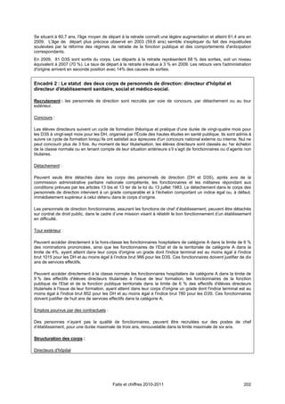 Se situant à 60,7 ans, l'âge moyen de départ à la retraite connaît une légère augmentation et atteint 61,4 ans en
2009. L'âge de départ plus précoce observé en 2003 (59,6 ans) semble s'expliquer du fait des inquiétudes
soulevées par la réforme des régimes de retraite de la fonction publique et des comportements d'anticipation
correspondants.
En 2009, 81 D3S sont sortis du corps. Les départs à la retraite représentent 68 % des sorties, soit un niveau
équivalent à 2007 (70 %). Le taux de départ à la retraite s'évalue à 3 % en 2009. Les retours vers l'administration
d'origine arrivent en seconde position avec 14% des causes de sorties.


Encadré 2 : Le statut des deux corps de personnels de direction: directeur d'hôpital et
directeur d'établissement sanitaire, social et médico-social.

Recrutement : les personnels de direction sont recrutés par voie de concours, par détachement ou au tour
extérieur.

Concours :

Les élèves directeurs suivent un cycle de formation théorique et pratique d'une durée de vingt-quatre mois pour
les D3S à vingt-sept mois pour les DH, organisé par l'École des hautes études en santé publique. Ils sont admis à
suivre ce cycle de formation lorsqu’ils ont satisfait aux épreuves d'un concours national externe ou interne. Nul ne
peut concourir plus de 3 fois. Au moment de leur titularisation, les élèves directeurs sont classés au 1er échelon
de la classe normale ou en tenant compte de leur situation antérieure s’il s’agit de fonctionnaires ou d’agents non
titulaires.

Détachement :

Peuvent seuls être détachés dans les corps des personnels de direction (DH et D3S), après avis de la
commission administrative paritaire nationale compétente, les fonctionnaires et les militaires répondant aux
conditions prévues par les articles 13 bis et 13 ter de la loi du 13 juillet 1983. Le détachement dans le corps des
personnels de direction intervient à un grade comparable et à l’échelon comportant un indice égal ou, à défaut,
immédiatement supérieur à celui détenu dans le corps d’origine.

Les personnels de direction fonctionnaires, assurant les fonctions de chef d’établissement, peuvent être détachés
sur contrat de droit public, dans le cadre d’une mission visant à rétablir le bon fonctionnement d’un établissement
en difficulté.

Tour extérieur :

Peuvent accéder directement à la hors-classe les fonctionnaires hospitaliers de catégorie A dans la limite de 6 %
des nominations prononcées, ainsi que les fonctionnaires de l’Etat et de la territoriale de catégorie A dans la
limite de 4%, ayant atteint dans leur corps d'origine un grade dont l'indice terminal est au moins égal à l'indice
brut 1015 pour les DH et au moins égal à l’indice brut 966 pour les D3S. Ces fonctionnaires doivent justifier de dix
ans de services effectifs.

Peuvent accéder directement à la classe normale les fonctionnaires hospitaliers de catégorie A dans la limite de
9 % des effectifs d'élèves directeurs titularisés à l'issue de leur formation, les fonctionnaires de la fonction
publique de l'Etat et de la fonction publique territoriale dans la limite de 6 % des effectifs d'élèves directeurs
titularisés à l'issue de leur formation, ayant atteint dans leur corps d'origine un grade dont l'indice terminal est au
moins égal à l'indice brut 852 pour les DH et au moins égal à l'indice brut 780 pour les D3S. Ces fonctionnaires
doivent justifier de huit ans de services effectifs dans la catégorie A.

Emplois pourvus par des contractuels :

Des personnes n’ayant pas la qualité de fonctionnaires, peuvent être recrutées sur des postes de chef
d’établissement, pour une durée maximale de trois ans, renouvelable dans la limite maximale de six ans.

Structuration des corps :

Directeurs d'hôpital




                                           Faits et chiffres 2010-2011                                             202
 