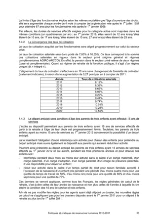 La limite d’âge des fonctionnaires évolue selon les mêmes modalités que l’âge d’ouverture des droits :
elle sera augmentée chaque année de 4 mois à compter de la génération née après le 1er juillet 1951
pour atteindre 67 ans pour les fonctionnaires nés après le 1er janvier 1956.
Par ailleurs, les durées de services effectifs exigées pour la catégorie active sont majorées dans les
mêmes conditions (un quadrimestre par an) : au 1er janvier 2016, elles seront de 12 ans lorsqu’elles
étaient de 10 ans, de 17 ans lorsqu’elles étaient de 15 ans, 27 ans lorsqu’elles étaient de 25 ans.
1.4.2   La convergence des taux de cotisation
Le taux de cotisation acquitté par les fonctionnaires sera aligné progressivement sur celui du secteur
privé.
Le taux de cotisation salariale sera donc porté de 7,85% à 10,55%. Ce taux correspond à la somme
des cotisations salariales en vigueur dans le secteur privé (régime général et régimes
complémentaires AGIRC-ARCCO). En effet, la pension dans le secteur privé relève de deux régimes
(base et complémentaire). Quant au régime de retraite de la fonction publique, il s’agit d’un régime
unique (dit « intégré »).
L’alignement du taux de cotisation s’effectuera en 10 ans sans changement de l’assiette de cotisation
(traitement indiciaire), à raison d’une augmentation de 0,27 point par an à compter de 2011.
                               Année                   Taux de cotisation salariale
                                2011                             8.12%
                                2012                             8.39%
                                2013                             8.66%
                                2014                             8.93%
                                2015                             9.20%
                                2016                             9.47%
                                2017                             9.74%
                                2018                            10.01%
                                2019                            10.28%
                                2020                            10.55%

1.4.3   Le départ anticipé sans condition d’âge des parents de trois enfants ayant effectué 15 ans de
        services
L’accès au dispositif permettant aux parents de trois enfants ayant 15 ans de services effectifs de
partir à la retraite à l’âge de leur choix est progressivement fermé. Toutefois, les parents de trois
enfants ayant au moins 15 ans de services au 1er janvier 2012 conserveront la possibilité d’un départ
anticipé.
La loi maintient l’obligation d’avoir interrompu son activité pour chacun des enfants pour prétendre au
départ anticipé mais ouvre également le dispositif aux parents qui auraient réduit leur activité.
Pourront ainsi prétendre au départ anticipé les parents de trois enfants ayant 15 années de services
effectifs au 1er janvier 2012 et qui auront, pendant les trois premières années et pour chacun des
enfants soit :
- interrompu pendant deux mois au moins leur activité dans le cadre d’un congé maternité, d’un
    congé paternité, d’un congé d’adoption, d’un congé parental, d’un congé de présence parentale,
    d’une disponibilité pour élever un enfant ;
- réduit leur activité dans le cadre d’un temps partiel de droit pour raison familiale accordé à
    l’occasion de la naissance d’un enfant pris pendant une période d’au moins quatre mois pour une
    quotité de temps de travail de 50%, d’au moins cinq mois pour une quotité de 60% et d’au moins
    sept mois pour une quotité de 70%.
Ces derniers se verront appliquer, comme tous les Français, les règles générales de calcul de la
retraite, c'est-à-dire celles de leur année de naissance et non plus celles de l’année à laquelle ils ont
atteint la condition des 15 ans de service et trois enfants.
Afin de ne pas modifier les règles pour les agents ayant déjà déposé un dossier, les nouvelles règles
de calcul ne s’appliquent pas pour les dossiers déposés avant le 1er janvier 2011 pour un départ à la
retraite au plus tard le 1er juillet 2011.




                         Politiques et pratiques de ressources humaines 2010-2011                     23
 