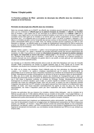 Thème 1 Emploi public

1.4 Fonction publique de l'État : périmètre de décompte des effectifs dans les ministères et
emplois en loi de finances



Périmètre de décompte des effectifs dans les ministères

Selon les concepts établis par la DGAFP, les effectifs des ministères peuvent s’évaluer sous différents angles
selon que l’on s’intéresse à l’effectif payé sur le plafond d’emplois du ministère, à l’effectif « en fonction
dans le ministère » (que l’agent soit ou non rémunéré sur le plafond d’emplois) ou à l’effectif « géré par le
ministère » (que l’agent soit ou non inclus dans le plafond d’emplois, et qu’il soit ou non en fonction). L’agent est
considéré comme étant géré par le ministère si ce dernier gère sa carrière (organisation du recrutement, des
promotions, etc.) : on s’intéresse donc ici à la gestion au sens « strict » du terme, ou gestion « statutaire ». Par
ailleurs, le ministère est défini comme l’ensemble des services centraux et déconcentrés, hors les établissements
publics administratifs (ÉPA) sous sa tutelle. Ainsi, les mêmes concepts peuvent s’appliquer aux ÉPA au sein
desquels on distingue : les effectifs payés sur le budget de l’établissement (subventions de l’État et ressources
propres), les effectifs en fonction dans l’établissement et les effectifs gérés par l’établissement (corps propres à
l’établissement et non-titulaires).

Les trois notions « payés », « en fonction », « gérés » ne se recoupent pas nécessairement. La connaissance des
effectifs « en fonction » et « gérés » nécessite une enquête particulière auprès des services gestionnaires des
ministères. En effet, il faut prendre en compte les informations de gestion qui retracent la position statutaire
de l’agent, non disponible au travers des seuls « retours paye ». Par exemple, un agent mis à disposition
d’un ministère est en fonction dans ce ministère ; il peut être ou non rémunéré sur le plafond d’emplois du
ministère d’accueil (cas de la délégation de gestion dans le cas positif), et reste géré par son administration
d’origine (voir schéma explicatif suivant).

Les résultats au 31 décembre 2009 présentés dans la suite de cette fiche thématique sont issus de l’enquête
annuelle TEMS (Transparence de l’emploi et mobilité statutaire dans la FPE) menée par le bureau des
statistiques, des études et de l’évaluation de la DGAFP (voir l’encadré Définitions et méthodes ci-dessous).

Fin 2009, sur le champ des ministères, l’écart d’effectifs entre les trois périmètres de décompte (effectifs
« payés », « en fonction » et « gérés ») s’explique essentiellement par le nombre de détachements, de
disponibilités et par le nombre de mises à disposition importants aux ministères de l’enseignement et à l’Écologie,
Énergie, Développement durable et Aménagement du territoire du fait de la deuxième vague de décentralisation.
En effet, plus de la moitié des détachements sortants des ministères de l’enseignement sont à relier aux
transferts des personnels ouvriers en position de détachement longue durée auprès d’une collectivité territoriale.
Les 2 500 mises à disposition sortantes du ministère de l’Écologie, Énergie, Développement durable et
Aménagement du territoire résultent, quant à elles, en grande majorité du transfert d’une partie des services
d’entretien des routes aux collectivités locales. Dans ces cas précis, la position de mise à disposition précède
l’intégration des personnels à la FPT (situation où les agents exercent leur droit d’option) ou le détachement sans
limitation de durée, vers lequel basculent automatiquement les agents au bout de deux ans. Hors effet
décentralisation, les mises à disposition jouent peu dans l’explication des écarts d’effectifs entre les trois
périmètres.

D’autres cas particuliers, liés aux missions d’un ministère, méritent d’être distingués : celui du ministère de la
Défense qui gère près de 14 400 militaires affectés hors du ministère et rémunérés « hors budget Défense », et
celui de la Culture dont près de 6 000 agents, sur les 14 000 gérés par le ministère, sont affectés dans l’un de ses
établissements publics administratifs tout en étant payés sur le plafond d’emplois ministériel.

Le même raisonnement peut s’appliquer aux établissements publics administratifs. Les effectifs « payés » sont
ceux dont la rémunération s’impute sur le budget propre de l’établissement (subventions de l’État et ressources
propres). Les effectifs « en fonction » dans l’ÉPA tiennent compte des personnels affectés ou mis à disposition
gratuitement. Les effectifs « gérés » par l’ÉPA correspondent aux corps propres à l’établissement dont ce dernier
organise le recrutement et la promotion, aux non-titulaires recrutés directement par l’ÉPA et, le cas, échéant aux
emplois aidés.




                                          Faits et chiffres 2010-2011                                            238
 