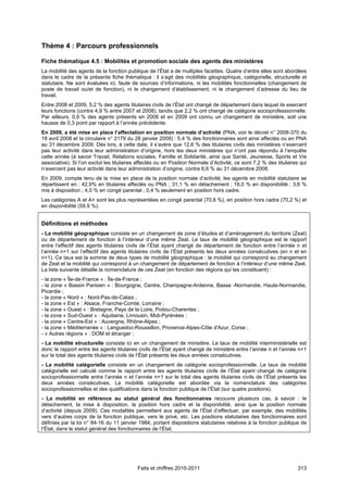 Thème 4 : Parcours professionnels

Fiche thématique 4.5 : Mobilités et promotion sociale des agents des ministères
La mobilité des agents de la fonction publique de l’État a de multiples facettes. Quatre d’entre elles sont abordées
dans le cadre de la présente fiche thématique : il s’agit des mobilités géographique, catégorielle, structurelle et
statutaire. Ne sont évaluées ici, faute de sources d’informations, ni les mobilités fonctionnelles (changement de
poste de travail ou/et de fonction), ni le changement d’établissement, ni le changement d’adresse du lieu de
travail.
Entre 2008 et 2009, 5,2 % des agents titulaires civils de l’État ont changé de département dans lequel ils exercent
leurs fonctions (contre 4,9 % entre 2007 et 2008), tandis que 2,2 % ont changé de catégorie socioprofessionnelle.
Par ailleurs, 0,6 % des agents présents en 2008 et en 2009 ont connu un changement de ministère, soit une
hausse de 0,3 point par rapport à l’année précédente.
En 2009, a été mise en place l’affectation en position normale d’activité (PNA, voir le décret n° 2008-370 du
18 avril 2008 et la circulaire n° 2179 du 28 janvier 2009) : 5,4 % des fonctionnaires sont ainsi affectés ou en PNA
au 31 décembre 2009. Dès lors, à cette date, il s’avère que 12,6 % des titulaires civils des ministères n’exercent
pas leur activité dans leur administration d’origine, hors les deux ministères qui n’ont pas répondu à l’enquête
cette année (à savoir Travail, Relations sociales, Famille et Solidarité, ainsi que Santé, Jeunesse, Sports et Vie
associative). Si l’on exclut les titulaires affectés ou en Position Normale d’Activité, ce sont 7,2 % des titulaires qui
n’exercent pas leur activité dans leur administration d’origine, contre 6,6 % au 31 décembre 2008.
En 2009, compte tenu de la mise en place de la position normale d’activité, les agents en mobilité statutaire se
répartissent en : 42,9% en titulaires affectés ou PNA ; 31,1 % en détachement ; 18,0 % en disponibilité ; 3,6 %
mis à disposition ; 4,0 % en congé parental ; 0,4 % seulement en position hors cadre.
Les catégories A et A+ sont les plus représentées en congé parental (70,6 %), en position hors cadre (70,2 %) et
en disponibilité (59,9 %).


Définitions et méthodes
- La mobilité géographique consiste en un changement de zone d’études et d’aménagement du territoire (Zeat)
ou de département de fonction à l’intérieur d’une même Zeat. Le taux de mobilité géographique est le rapport
entre l’effectif des agents titulaires civils de l’État ayant changé de département de fonction entre l’année n et
l’année n+1 sur l’effectif des agents titulaires civils de l’État présents les deux années consécutives (en n et en
n+1). Ce taux est la somme de deux types de mobilité géographique : la mobilité qui correspond au changement
de Zeat et la mobilité qui correspond à un changement de département de fonction à l’intérieur d’une même Zeat.
La liste suivante détaille la nomenclature de ces Zeat (en fonction des régions qui les constituent) :
- la zone « Île-de-France » : Île-de-France ;
- la zone « Bassin Parisien » : Bourgogne, Centre, Champagne-Ardenne, Basse -Normandie, Haute-Normandie,
Picardie ;
- la zone « Nord » : Nord-Pas-de-Calais ;
- la zone « Est » : Alsace, Franche-Comté, Lorraine ;
- la zone « Ouest » : Bretagne, Pays de la Loire, Poitou-Charentes ;
- la zone « Sud-Ouest » : Aquitaine, Limousin, Midi-Pyrénées ;
- la zone « Centre-Est » : Auvergne, Rhône-Alpes ;
- la zone « Méditerranée » : Languedoc-Roussillon, Provence-Alpes-Côte d'Azur, Corse ;
- « Autres régions » : DOM et étranger ;
- La mobilité structurelle consiste ici en un changement de ministère. Le taux de mobilité interministérielle est
donc le rapport entre les agents titulaires civils de l’État ayant changé de ministère entre l’année n et l’année n+1
sur le total des agents titulaires civils de l’État présents les deux années consécutives.
- La mobilité catégorielle consiste en un changement de catégorie socioprofessionnelle. Le taux de mobilité
catégorielle est calculé comme le rapport entre les agents titulaires civils de l’État ayant changé de catégorie
socioprofessionnelle entre l’année n et l’année n+1 sur le total des agents titulaires civils de l’État présents les
deux années consécutives. La mobilité catégorielle est abordée via la nomenclature des catégories
socioprofessionnelles et des qualifications dans la fonction publique de l’État (sur quatre positions).
- La mobilité en référence au statut général des fonctionnaires recouvre plusieurs cas, à savoir : le
détachement, la mise à disposition, la position hors cadre et la disponibilité, ainsi que la position normale
d’activité (depuis 2009). Ces modalités permettent aux agents de l’État d’effectuer, par exemple, des mobilités
vers d’autres corps de la fonction publique, vers le privé, etc. Les positions statutaires des fonctionnaires sont
définies par la loi n° 84-16 du 11 janvier 1984, portant dispositions statutaires relatives à la fonction publique de
l’État, dans le statut général des fonctionnaires de l’État.




                                           Faits et chiffres 2010-2011                                              313
 