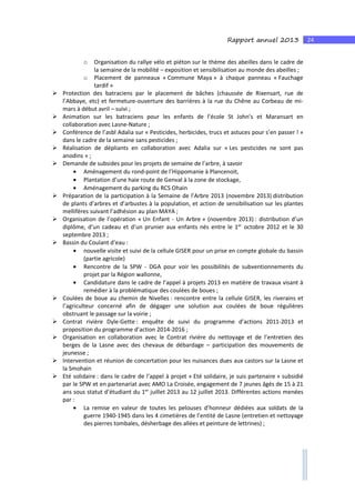 24Rapport annuel 2013
o Organisation du rallye vélo et piéton sur le thème des abeilles dans le cadre de
la semaine de la mobilité – exposition et sensibilisation au monde des abeilles ;
o Placement de panneaux « Commune Maya » à chaque panneau « Fauchage
tardif »
Protection des batraciens par le placement de bâches (chaussée de Rixensart, rue de
l’Abbaye, etc) et fermeture-ouverture des barrières à la rue du Chêne au Corbeau de mi-
mars à début avril – suivi ;
Animation sur les batraciens pour les enfants de l’école St John’s et Maransart en
collaboration avec Lasne-Nature ;
Conférence de l’asbl Adalia sur « Pesticides, herbicides, trucs et astuces pour s’en passer ! »
dans le cadre de la semaine sans pesticides ;
Réalisation de dépliants en collaboration avec Adalia sur « Les pesticides ne sont pas
anodins » ;
Demande de subsides pour les projets de semaine de l’arbre, à savoir
• Aménagement du rond-point de l’Hippomanie à Plancenoit,
• Plantation d’une haie route de Genval à la zone de stockage,
• Aménagement du parking du RCS Ohain
Préparation de la participation à la Semaine de l’Arbre 2013 (novembre 2013) distribution
de plants d’arbres et d’arbustes à la population, et action de sensibilisation sur les plantes
mellifères suivant l’adhésion au plan MAYA ;
Organisation de l’opération « Un Enfant - Un Arbre » (novembre 2013) : distribution d’un
diplôme, d’un cadeau et d’un prunier aux enfants nés entre le 1er
octobre 2012 et le 30
septembre 2013 ;
Bassin du Coulant d’eau :
• nouvelle visite et suivi de la cellule GISER pour un prise en compte globale du bassin
(partie agricole)
• Rencontre de la SPW - DGA pour voir les possibilités de subventionnements du
projet par la Région wallonne,
• Candidature dans le cadre de l’appel à projets 2013 en matière de travaux visant à
remédier à la problématique des coulées de boues ;
Coulées de boue au chemin de Nivelles : rencontre entre la cellule GISER, les riverains et
l’agriculteur concerné afin de dégager une solution aux coulées de boue régulières
obstruant le passage sur la voirie ;
Contrat rivière Dyle-Gette : enquête de suivi du programme d’actions 2011-2013 et
proposition du programme d’action 2014-2016 ;
Organisation en collaboration avec le Contrat rivière du nettoyage et de l’entretien des
berges de la Lasne avec des chevaux de débardage – participation des mouvements de
jeunesse ;
Intervention et réunion de concertation pour les nuisances dues aux castors sur la Lasne et
la Smohain
Eté solidaire : dans le cadre de l’appel à projet « Eté solidaire, je suis partenaire » subsidié
par le SPW et en partenariat avec AMO La Croisée, engagement de 7 jeunes âgés de 15 à 21
ans sous statut d’étudiant du 1er
juillet 2013 au 12 juillet 2013. Différentes actions menées
par :
• La remise en valeur de toutes les pelouses d’honneur dédiées aux soldats de la
guerre 1940-1945 dans les 4 cimetières de l’entité de Lasne (entretien et nettoyage
des pierres tombales, désherbage des allées et peinture de lettrines) ;
 