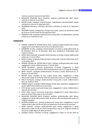 46Rapport annuel 2013
commun accord en date du 20 août 2013 ;
• NOGUEIRA SEQUEIRA Maria Elisabeth, auxiliaire professionnelle plein temps,
licenciée en date du 31 mai 2013 ;
• DEHON Elodie, employée d’administration, bibliothécaire documentaliste, départ
volontaire en date du 15 septembre 2013 ;
• KALKMANN Véronique, infirmière, démission volontaire en date du 15 septembre
2013 ;
• DESCAMPS Sophie, enseignante à charge communale, rupture de contrat de travail
de commun accord à dater du 30 septembre 2013 ;
• DOGNAUX Erell, employée d’administration temps plein à la bibliothèque, licenciée
à dater du 13 novembre le soir.
Engagements:
• PEREIRA TEIXEIRA DE CASTRO Maria Paula, auxiliaire professionnelle plein temps,
engagement à durée déterminée du 03 au 31 décembre 2012 ;
• DAMMANS Jennifer, employée d’administration mi-temps à durée déterminée du
06 décembre 2012 au 31 décembre 2018 avec changement d’affectation pour
l’autre mi-temps ;
• DOHET Marie Gabrielle, employée d’administration mi-temps à durée indéterminée
à dater du 1ier
janvier 2013 ;
• BAYET Caroline, employée d’administration temps plein à durée déterminée du 07
au 31 janvier 2013 ;
• PEREIRA TEIXEIRA DE CASTRO Maria Paula, auxiliaire professionnelle plein temps,
engagement à durée indéterminée du 1ier
janvier 2013 ;
• TOKER Kemalettin, auxiliaire professionnel mi-temps, engagement à durée
déterminée à dater du 04 février 2013 (remplacement suite à un congé de maladie) ;
• BAYET Caroline, employée d’administration mi-temps à durée déterminée du 1ier
février au 31 août 2013 ;
• MEYERS Rudy, chauffeur de bus scolaire temps plein, engagement à durée
déterminée à dater du 01 février 2013 (remplacement suite à un congé de maladie) ;
• BAILLY Christophe, employé d’administration temps plein à durée indéterminée à
dater du 19 février 2013 ;
• FRANCK Grégory, employé d’administration temps plein, géomètre, engagement à
durée indéterminée à dater du 15 avril 2013 ;
• PETE Benoît, ouvrier communal temps plein, engagement à durée indéterminée à
dater du 02 avril 2013 ;
• FIEVET Alain, ouvrier communal temps plein, engagement à durée déterminée à
dater du 02 avril 2013 jusqu’au 31 mars 2014 ;
• NOGUEIRA SEQUEIRA Maria Elisabeth, auxiliaire professionnelle plein temps,
engagement à durée déterminée à dater du 02 mai 2013 (remplacement suite à un
congé de maladie) ;
• QUISHPE ACONDA Luis, auxiliaire professionnel temps plein, engagement à durée
indéterminée à dater du 06 mai 2013 (remplacement d’une personne licenciée) ;
• MAES Charlotte, auxiliaire professionnelle plein temps, engagement à durée
déterminée à dater du 03 juin 2013 (remplacement suite à un congé de maladie et
durant les congés légaux de ladite personne) ;
• LEVEQUE Valérie, infirmière mi-temps, engagement à dater du 28 juin 2013 en
 
