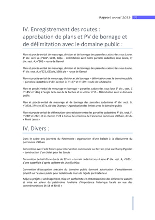 70Rapport annuel 2013
IV. Enregistrement des routes :
approbation de plans et PV de bornage et
de délimitation avec le domaine public :
Plan et procès-verbal de mesurage, division et de bornage des parcelles cadastrées sous Lasne,
4e
div. sect. A, n°602e
, 603b, 604a – Délimitation avec notre parcelle cadastrée sous Lasne, 4e
div. sect. A, n°606 – route de Genval
Plan et procès-verbal de mesurage, division et de bornage des parcelles cadastrées sous Lasne,
4e
div. sect. A, n°622, 623pie, 598b pie – route de Genval
Plan et procès-verbal de mesurage, division et de bornage – délimitation avec le domaine public
– parcelles cadastrées 4e
div. section D, n°167e
et n°169 – route de la Marache
Plan et procès-verbal de mesurage et bornage – parcelles cadastrées sous lase 5e
div., sect. C
n°149c et 146g à l’angle de la rue de la Bâchée et le sentier n°15 – Délimitation avec le domaine
public
Plan et procès-verbal de mesurage et de bornage des parcelles cadastrées 4e
div. sect. G,
n°373d, 374k et 377a, clé des Champs – Approbation des limites avec le domaine public
Plan et procès-verbal de délimitation contradictoire entre les parcelles cadastrées 4e
div. sect. F,
n°240e
et 242c et le chemin n°24 à l’atlas des chemins de l’ancienne commune d’Ohain, dit du
« Mont Lassy »
IV. Divers :
Dans le cadre des journées du Patrimoine : organisation d’une balade à la découverte du
patrimoine d’Ohain
Convention avec l’asbl Polaris pour intervention communale sur terrain privé au Champ Pigeolet
– construction d’un chalet pour les Scouts
Convention de bail d’une durée de 27 ans – terrain cadastré sous Lasne 4e
div. sect. A, n°621c,
d’une superficie d’après cadastre de 1ha 87a 96ca
Convention d’occupation précaire du domaine public donnant autorisation d’empiètement
privatif sur l’espace public pour isolation de murs de façade par l’extérieur
Appel à projets « aménagement, mise en conformité et embellissement des cimetières wallons
et mise en valeur du patrimoine funéraire d’importance historique locale en vue des
commémorations 14-18 et 40-45 »
 