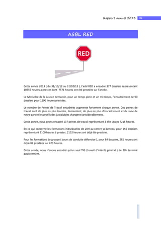 84Rapport annuel 2013
ASBL RED
Cette année 2013 ( du 31/10/12 au 31/10/13 ), l’asbl RED a encadré 377 dossiers représentant
10755 heures à prester dont 7571 heures ont été prestées sur l’année.
Le Ministère de la Justice demande, pour un temps plein et un mi-temps, l’encadrement de 90
dossiers pour 1200 heures prestées.
Le nombre de Peines de Travail encadrées augmente fortement chaque année. Ces peines de
travail sont de plus en plus lourdes, demandent, de plus en plus d’encadrement et de suivi de
notre part et les profils des justiciables changent considérablement.
Cette année, nous avons encadré 137 peines de travail représentant à elle seules 7215 heures.
En ce qui concerne les formations individuelles de 20H au centre W.Lennox, pour 155 dossiers
représentant 3100 heures à prester, 2152 heures ont déjà été prestées.
Pour les formations de groupe ( cours de conduite défensive ), pour 84 dossiers, 265 heures ont
déjà été prestées sur 420 heures.
Cette année, nous n’avons encadré qu’un seul TIG (travail d’intérêt général ) de 20h terminé
positivement.
 