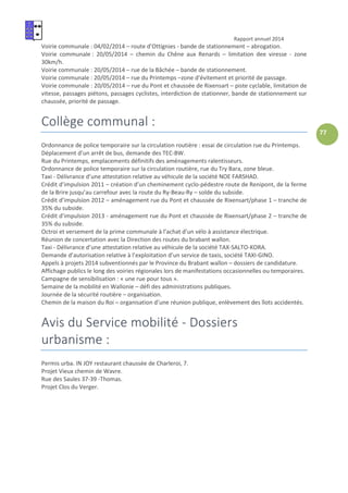 Rapport annuel 2014
77
Voirie communale : 04/02/2014 – route d’Ottignies - bande de stationnement – abrogation.
Voirie communale : 20/05/2014 – chemin du Chêne aux Renards – limitation dee viresse - zone
30km/h.
Voirie communale : 20/05/2014 – rue de la Bâchée – bande de stationnement.
Voirie communale : 20/05/2014 – rue du Printemps –zone d’évitement et priorité de passage.
Voirie communale : 20/05/2014 – rue du Pont et chaussée de Rixensart – piste cyclable, limitation de
vitesse, passages piétons, passages cyclistes, interdiction de stationner, bande de stationnement sur
chaussée, priorité de passage.
Collège communal :
Ordonnance de police temporaire sur la circulation routière : essai de circulation rue du Printemps.
Déplacement d’un arrêt de bus, demande des TEC-BW.
Rue du Printemps, emplacements définitifs des aménagements ralentisseurs.
Ordonnance de police temporaire sur la circulation routière, rue du Try Bara, zone bleue.
Taxi - Délivrance d’une attestation relative au véhicule de la société NOE FARSHAD.
Crédit d’impulsion 2011 – création d’un cheminement cyclo-pédestre route de Renipont, de la ferme
de la Brire jusqu’au carrefour avec la route du Ry-Beau-Ry – solde du subside.
Crédit d’impulsion 2012 – aménagement rue du Pont et chaussée de Rixensart/phase 1 – tranche de
35% du subside.
Crédit d’impulsion 2013 - aménagement rue du Pont et chaussée de Rixensart/phase 2 – tranche de
35% du subside.
Octroi et versement de la prime communale à l’achat d’un vélo à assistance électrique.
Réunion de concertation avec la Direction des routes du brabant wallon.
Taxi - Délivrance d’une attestation relative au véhicule de la société TAX-SALTO-KORA.
Demande d’autorisation relative à l’exploitation d’un service de taxis, société TAXI-GINO.
Appels à projets 2014 subventionnés par le Province du Brabant wallon – dossiers de candidature.
Affichage publics le long des voiries régionales lors de manifestations occasionnelles ou temporaires.
Campagne de sensibilisation : « une rue pour tous ».
Semaine de la mobilité en Wallonie – défi des administrations publiques.
Journée de la sécurité routière – organisation.
Chemin de la maison du Roi – organisation d’une réunion publique, enlèvement des îlots accidentés.
Avis du Service mobilité - Dossiers
urbanisme :
Permis urba. IN JOY restaurant chaussée de Charleroi, 7.
Projet Vieux chemin de Wavre.
Rue des Saules 37-39 -Thomas.
Projet Clos du Verger.
 