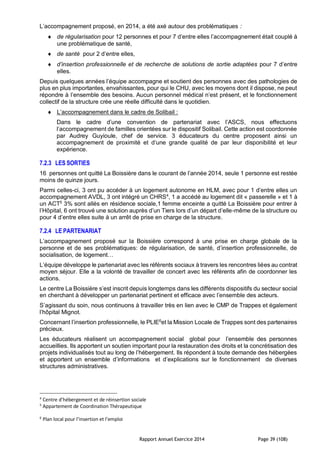 Rapport Annuel Exercice 2014 Page 39 (108)
L’accompagnement proposé, en 2014, a été axé autour des problématiques :
 de régularisation pour 12 personnes et pour 7 d’entre elles l’accompagnement était couplé à
une problématique de santé,
 de santé pour 2 d’entre elles,
 d’insertion professionnelle et de recherche de solutions de sortie adaptées pour 7 d’entre
elles.
Depuis quelques années l’équipe accompagne et soutient des personnes avec des pathologies de
plus en plus importantes, envahissantes, pour qui le CHU, avec les moyens dont il dispose, ne peut
répondre à l’ensemble des besoins. Aucun personnel médical n’est présent, et le fonctionnement
collectif de la structure crée une réelle difficulté dans le quotidien.
 L’accompagnement dans le cadre de Solibail :
Dans le cadre d’une convention de partenariat avec l’ASCS, nous effectuons
l’accompagnement de familles orientées sur le dispositif Solibail. Cette action est coordonnée
par Audrey Guyioule, chef de service. 3 éducateurs du centre proposent ainsi un
accompagnement de proximité et d’une grande qualité de par leur disponibilité et leur
expérience.
7.2.3 LES SORTIES
16 personnes ont quitté La Boissière dans le courant de l’année 2014, seule 1 personne est restée
moins de quinze jours.
Parmi celles-ci, 3 ont pu accéder à un logement autonome en HLM, avec pour 1 d’entre elles un
accompagnement AVDL, 3 ont intégré un CHRS4
, 1 a accédé au logement dit « passerelle » et 1 à
un ACT5
3% sont allés en résidence sociale,1 femme enceinte a quitté La Boissière pour entrer à
l’Hôpital, 6 ont trouvé une solution auprès d’un Tiers lors d’un départ d’elle-même de la structure ou
pour 4 d’entre elles suite à un arrêt de prise en charge de la structure.
7.2.4 LE PARTENARIAT
L’accompagnement proposé sur la Boissière correspond à une prise en charge globale de la
personne et de ses problématiques: de régularisation, de santé, d’insertion professionnelle, de
socialisation, de logement…
L’équipe développe le partenariat avec les référents sociaux à travers les rencontres liées au contrat
moyen séjour. Elle a la volonté de travailler de concert avec les référents afin de coordonner les
actions.
Le centre La Boissière s’est inscrit depuis longtemps dans les différents dispositifs du secteur social
en cherchant à développer un partenariat pertinent et efficace avec l’ensemble des acteurs.
S’agissant du soin, nous continuons à travailler très en lien avec le CMP de Trappes et également
l’hôpital Mignot.
Concernant l’insertion professionnelle, le PLIE6
et la Mission Locale de Trappes sont des partenaires
précieux.
Les éducateurs réalisent un accompagnement social global pour l’ensemble des personnes
accueillies. Ils apportent un soutien important pour la restauration des droits et la concrétisation des
projets individualisés tout au long de l’hébergement. Ils répondent à toute demande des hébergées
et apportent un ensemble d’informations et d’explications sur le fonctionnement de diverses
structures administratives.
4
Centre d’hébergement et de réinsertion sociale
5
Appartement de Coordination Thérapeutique
6
Plan local pour l’insertion et l’emploi
 