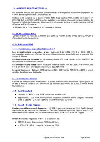 Rapport Annuel Exercice 2014 Page 78 (108)
13. ANNEXES AUX COMPTES 2014
Les comptes annuels sont présentés conformément à la Comptabilité Associative (règlement du
Comité de la Réglementation Comptable 99-1)
Ce texte a été complété par le Décret n° 2003-1010 du 22 octobre 2003 , modifié par le décret N°
2006-422 du 7 avril 2006 relatif à la gestion budgétaire, comptable et financière et aux modalités de
financement et de tarification des établissements et services sociaux et médico-sociaux. qui fait
référence au Plan Comptable
M 22 prévu par le Code de l’Action Sociale et de la Famille.
41- BILAN (Tableaux 1 et 2)
Le total de Bilan net passe de 3.312 099 € en 2013 à 2 756 080 € cette année après 2.487 260 €
d’amortissements et provisions .
411 - Actif Immobilisé
4111 – Immobilisations corporelles (Tableaux 6 et 7
Les immobilisations corporelles brutes augmentent de 3.802 076 € à 3.878 530 €,
correspondant aux travaux effectués dans nos différents centres, essentiellement la poursuite des
travaux à Mantes.
Les immobilisations nouvelles en 2014 ont représenté 103 248 € contre 424 277 € en 2013 et
ont concerné essentiellement Mantes
Les immobilisations nettes (valeur résiduelle) restant à amortir sont de 1.391 270 € contre 1.542
046 € en 2013, après amortissements cumulés de 2.487 260 €
Les amortissements dotés en 2014 représentent 254 020 € contre 248 752 € en 2013 et seront
détaillés dans le compte de résultat.
4112 – Autres Immobilisations
Ce sont les immobilisations incorporelles et autres immobilisations financières (participation de
56.186 € dans la société ESIS, propriétaire de Trappes, et cautions de 6 496 € envers divers
fournisseurs.)
412 – Actif Circulant
 créances: 91 476 € dont 4 000 € d’acomptes au personnel,
 disponibilités: 1.205 363 € correspondant aux soldes créditeurs de nos comptes bancaires
chez la Société Générale : compte courant et comptes sur livret.
413 – Passif – Fonds Propres
Fonds associatifs sans droit de reprise :: 122.662 €, sans changement sur 2013. Ces fonds sont
constitués par les avances de trésorerie du Secours Catholique ayant fait l’objet d’abandon de
créances en 1988-1989 et 1992, et une subvention de 55.000 € pour l’achat de Trappes.
Report à nouveau: négatif de 313 147 € et constitué de :
 206 695 € report des exercices 2013 et antérieurs
 et 106 452 €, déficit comptable de l’exercice 2013
 