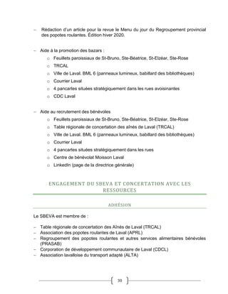 30
 Rédaction d’un article pour la revue le Menu du jour du Regroupement provincial
des popotes roulantes. Édition hiver 2020.
 Aide à la promotion des bazars :
o Feuillets paroissiaux de St-Bruno, Ste-Béatrice, St-Elzéar, Ste-Rose
o TRCAL
o Ville de Laval. BML 6 (panneaux lumineux, babillard des bibliothèques)
o Courrier Laval
o 4 pancartes situées stratégiquement dans les rues avoisinantes
o CDC Laval
 Aide au recrutement des bénévoles
o Feuillets paroissiaux de St-Bruno, Ste-Béatrice, St-Elzéar, Ste-Rose
o Table régionale de concertation des aînés de Laval (TRCAL)
o Ville de Laval. BML 6 (panneaux lumineux, babillard des bibliothèques)
o Courrier Laval
o 4 pancartes situées stratégiquement dans les rues
o Centre de bénévolat Moisson Laval
o LinkedIn (page de la directrice générale)
ENGAGEMENT DU SBEVA ET CONCERTATION AVEC LES
RESSOURCES
ADHÉSION
Le SBEVA est membre de :
 Table régionale de concertation des Aînés de Laval (TRCAL)
 Association des popotes roulantes de Laval (APRL)
 Regroupement des popotes roulantes et autres services alimentaires bénévoles
(PRASAB)
 Corporation de développement communautaire de Laval (CDCL)
 Association lavalloise du transport adapté (ALTA)
 