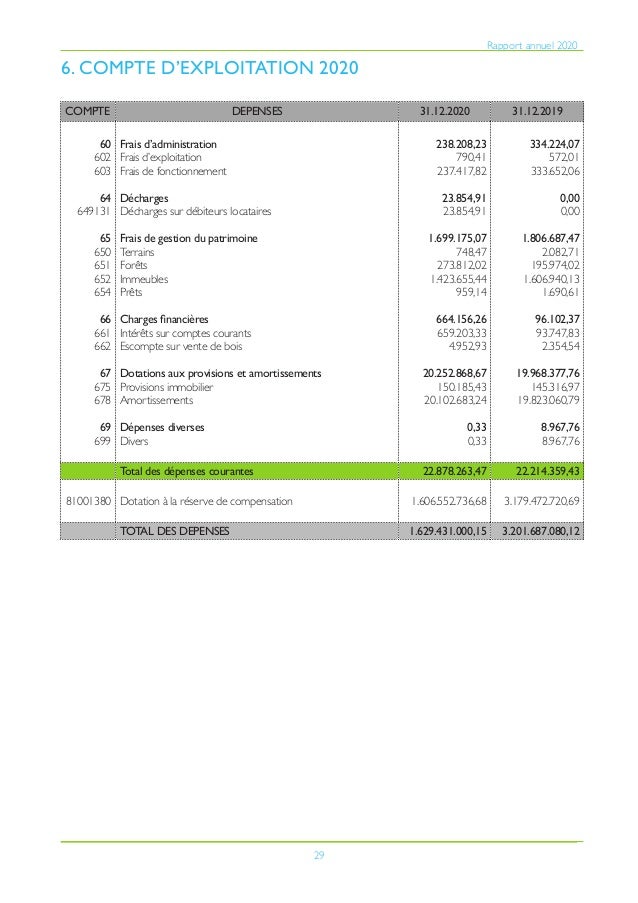 29
Rapport annuel 2020
6. COMPTE D’EXPLOITATION 2020
COMPTE DEPENSES 31.12.2020 31.12.2019
60
602
603
64
649131
65
650
651...
