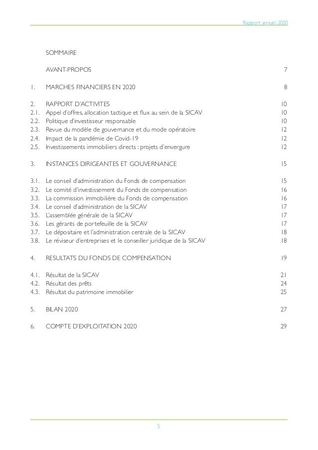 5
Rapport annuel 2020
	SOMMAIRE
	
AVANT-PROPOS										 7
1. 	
MARCHES FINANCIERS EN 2020								 8
2.	
RAPPORT D’ACTIVIT...