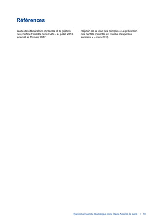 Rapport annuel du déontologue de la Haute Autorité de santé I 18
Références
Guide des déclarations d’intérêts et de gestion
des conflits d’intérêts de la HAS – 24 juillet 2013,
amendé le 15 mars 2017
Rapport de la Cour des comptes « La prévention
des conflits d’intérêts en matière d’expertise
sanitaire » – mars 2016
 