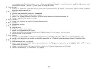 22
remarques du Centre d’Expertise juridique - mettre le dossier sous signataire et faire suivre le circuit administratif adapté et réglementaire selon
l’importance du marché - « diffusion » du cahier spécial des charges du marché
2. Phase Conditions
a. Collecter les informations auprès des Services communaux concernés (estimation du marché, variantes et/ou options souhaités, conditions
d’exécution, délais de garantie, etc.).
3. Phase Procédure
a. Choisir le mode de passation du marché le mieux adapté.
b. Déterminer la fixation des prix de façon la plus adéquate.
c. Définir, le cas échéant, les critères d’attribution, les clauses sociales, éthiques et/ou environnementales, etc.
d. Rédiger le projet de Cahier spécial des charges.
4. Phase Publication
a. Rédiger l’avis de marché ou les lettres d’invitation à soumissionner
5. Phase Candidats
a. Réceptionner les offres
6. Phase Attribution
a. Ouvrir les offres
b. Analyser les offres et motiver le choix
c. Rédiger le rapport d’attribution du marché
d. Notifier (après information, le cas échéant) le marché à l’adjudicataire et informer les autres soumissionnaires
e. Etablissement du bon de commande
7. Phase Exécution
a. Assurer le suivi administratif des états d’avancement (approbation par le Collège/ autorisation de facturer envoyée à l’adjudicataire/ etc.)
b. Assurer le suivi administratif des avenants, le cas échéant (approbation par le Collège ou Conseil/ autorisation donnée à l’adjudicataire/ etc.)
8. Phase Réception
a. Etablir le décompte final, le cas échéant
b. Assurer le suivi administratif de la réception provisoire (rédaction du PV/ signatures/ approbation par le Collège) et libérer la 1ère
partie du
cautionnement, le cas échéant
c. Assurer le suivi administratif de la réception définitive (rédaction du PV/ signatures/ approbation par le Collège)
d. Libérer la dernière tranche du cautionnement, le cas échéant.
 