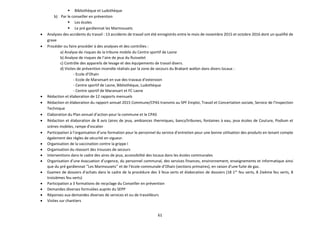 61
 Bibliothèque et Ludothèque
b) Par le conseiller en prévention
 Les écoles
 Le pré gardiennat les Marmousets
 Analyses des accidents du travail : 13 accidents de travail ont été enregistrés entre le mois de novembre 2015 et octobre 2016 dont un qualifié de
grave
 Procéder ou faire procéder à des analyses et des contrôles :
a) Analyse de risques de la tribune mobile du Centre sportif de Lasne
b) Analyse de risques de l’aire de jeux du Ruisselet
c) Contrôle des appareils de levage et des équipements de travail divers.
d) Visites de prévention incendie réalisés par la zone de secours du Brabant wallon dans divers locaux :
- Ecole d’Ohain
- Ecole de Maransart en vue des travaux d’extension
- Centre sportif de Lasne, Bibliothèque, Ludothèque
- Centre sportif de Maransart et FC Lasne
 Rédaction et élaboration de 12 rapports mensuels
 Rédaction et élaboration du rapport annuel 2015 Commune/CPAS transmis au SPF Emploi, Travail et Concertation sociale, Service de l’Inspection
Technique
 Elaboration du Plan annuel d’action pour la commune et le CPAS
 Rédaction et élaboration de 8 avis (aires de jeux, ambiances thermiques, bancs/tribunes, fontaines à eau, jeux écoles de Couture, Podium et
scènes mobiles, rampe d’escalier
 Participation à l’organisation d’une formation pour le personnel du service d’entretien pour une bonne utilisation des produits en tenant compte
également des règles de sécurité en vigueur.
 Organisation de la vaccination contre la grippe l
 Organisation du réassort des trousses de secours
 Interventions dans le cadre des aires de jeux, accessibilité des locaux dans les écoles communales
 Organisation d’une évacuation d’urgence, du personnel communal, des services finances, environnement, enseignements et informatique ainsi
que du pré gardiennat ‘’Les Marmousets’’ et de l’école communale d’Ohain (sections primaires), en raison d’une fuite de gaz.
 Examen de dossiers d’achats dans le cadre de la procédure des 3 feux verts et élaboration de dossiers (18 1er
feu verts, 8 2ieème feu verts, 8
troisièmes feu verts)
 Participation a 3 formations de recyclage du Conseiller en prévention
 Demandes diverses formulées auprès du SEPP
 Réponses aux demandes diverses de services et ou de travailleurs
 Visites sur chantiers
 