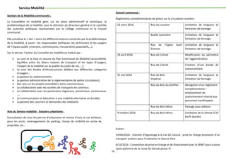 74
Service Mobilité
Gestion de la Mobilité communale :
La Conseillère en mobilité gère, sur les plans administratif et technique, la
problématique de la mobilité, sous la direction du Directeur général et le contrôle
des autorités politiques représentées par le Collège communal et le Conseil
communal.
Elle constitue le « lien » entre les différents acteurs concernés par la problématique
de la mobilité, à savoir : les responsables politiques, les techniciens et les usagers
de l’espace public (riverains, commerçants, mouvements associatifs,…).
Sur le terrain, l’action du Conseiller en mobilité se traduit par :
 Le suivi et la mise en oeuvre du Plan Communal de Mobilité (accessibilité,
équilibre entre les divers moyens de transport et les types d’usagers,
l’impact de la mobilité sur la qualité du cadre de vie, …);
 Le suivi des études d’infrastructures dédiées aux différentes catégories
d’usagers ;
 La gestion du stationnement;
 La gestion administrative de la réglementation de police (circulation);
 Des avis sur les projets immobiliers et/ou commerciaux;
 La collaboration avec les sociétés de transports en commun;
 La collaboration avec les partenaires régionaux, provinciaux, communaux,
…;
 La communication et éducation à une mobilité alternative et durable;
 La gestion des courriers et demandes des habitants.
Avis du Service mobilité - Dossiers urbanisme :
Consultation de tous les permis d’urbanisme et remise d’avis, le cas échéant,
pour les accès, aménagements de parking, champ de visibilité en sortie de
propriété, etc ;
Conseil communal :
Règlements complémentaires de police sur la circulation routière :
22 mars 2016 Rue du couvent Limitation de longueur et
limitation de tonnage
Ruelle Commère Limitation de longueur et
limitation de tonnage
Rue de l’Eglise Saint
Etienne
Limitation de longueur et
limitation de tonnage
19 avril 2016 Rue de Colinet Modification du périmètre
de l’agglomération
Rue de Colinet Création d’une bande de
stationnement
31 mai 2016 Rue du Bois
Impérial
Limitation de longueur et
limitation de tonnage
Rue du Bois du Greffier Abrogation d’un règlement
complémentaire –
emplacement de
stationnement réservé aux
personnes handicapées
Rue du Bois Héros Passage pour piétons
4 octobre 2016 Rue du Bois Héros Limitation de la vitesse à 50
km/h (partie)
Autres :
19/04/2016 : chantier d’égouttage à la rue de Caturia : prise en charge provisoire d’un
transport scolaire pour l’institution la Source Vive.
4/10/2016 : Convention de prise en charge et de financement avec la SRWT pour la piste
cyclo-piétonne de la route de Genval phase III.
 