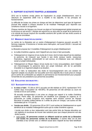9. RAPPORT D’ACTIVITÉ TRAPPES LA BOISSIERE

2012 est la huitième année pleine de l’application du projet d’établissement, dont la
réécriture en septembre 2008 n’en a modifié ni les objectifs, ni les principes de
fonctionnement.
La difficulté de toutes nos prises en charge est bien de déterminer quel type de logement
pourrait être adapté à chaque situation et de mobiliser l'hébergée pour répondre aux
conditions d’accès à ce logement.
Chaque membre de l’équipe a pu trouver sa place et l’accompagnement global proposé par
la structure en est enrichi. L’équipe est aujourd’hui au plus près du projet de la personne et
a la volonté de trouver toujours de nouvelles solutions afin qu'elle voit ses droits ouverts et
son projet se concrétiser.

9.1 MISSION ET OBJECTIFS DU CENTRE :
Le centre de La Boissière est un centre d’hébergement d’urgence pouvant accueillir 19
femmes majeures. Il fonctionne à l’année sans interruption, est ouvert 24h/24. L’accueil est
inconditionnel.
La Boissière propose les 3 modalités d’hébergement du projet d’établissement:
   la nuitée d’extrême urgence, dont l’objectif est une mise à l’abri ponctuelle,
   l’hébergement en Urgence (d’une durée de 2 mois), dont le triple objectif est de stabiliser
   la personne, de s’assurer que l’accès à ses droits sociaux (santé, ressources
   financières, logement, administratif) lui soit connus, et d’élaborer avec son référent
   social un projet individualisé,
   l’hébergement en Moyen Séjour (d’une durée de 2 mois renouvelables), dont l’objectif
   est d’accompagner la personne dans son projet individuel, afin de lui permettre
   d’accéder à un logement adapté à sa situation.
La mise à l’abri, la restauration des droits et l’accompagnement vers une solution de
logement adapté à la situation de l'accueillie sont trois objectifs liés à toute prise en charge
par le centre de La Boissière qui adapte en permanence son fonctionnement pour proposer
l’ensemble de ces prestations aux personnes accueillies.

9.2 EVALUATION      DES OBJECTIFS    :

9.2.1 BILAN QUANTITATIF DES OBJECTIFS :
   la mise à l’abri : 72 (58 en 2011) accueils ont été réalisés en 2012, représentant 7413
   nuitées (taux d’occupation de 106.59%). 56 personnes ont été admises au cours de
   l’année et 53 en sont sorties.
   38 accueils correspondent à une prise en charge par rapport à la nuitée d’extrême
   urgence. Parmi elles, 20 personnes ont bénéficié d’un passage en urgence et 12
   personnes en nuitée d’urgence sont reparties sans solution connue de l’équipe
   éducative (9 parties d’elles-mêmes et 3 arrêts de prise en charge). Les autres ont été
   réorientées par le 115 (soit 6).
   l’accès aux droits : 33 personnes (25 en 2011) sont sorties de l’établissement en ayant
   bénéficié de la modalité d’hébergement autre que la nuitée d’extrême urgence.
    L’accès aux droits ou leur restauration sont des points forts de l’équipe éducative qui
    est vigilante et soucieuse de trouver des solutions pour que chaque personne voit ses
    droits ouverts.
    suivi social : 32 personnes avaient un référent social en sortie de La Boissière
      soit toutes les personnes sorties de la Boissière. 5 d’entre elles ont dû être
      orientées à leur arrivée vers un référent social dans l’objectif de leur faire bénéficier


                                          Rapport Annuel Exercice 2012                Page 38 (83)
 