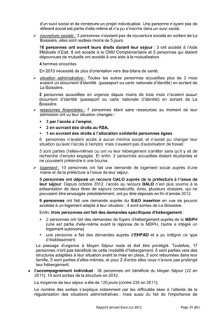 d'un suivi social et de construire un projet individualisé. Une personne n’ayant pas de
   référent social est partie d’elle-même et n’a pu s’inscrire dans un suivi social.
 couverture sociale : 3 personnes n’avaient pas de couverture sociale en sortant de La
  Boissière, elles sont restées moins de 5 jours.
   16 personnes ont ouvert leurs droits durant leur séjour : 3 ont accédé à l’Aide
   Médicale d’Etat, 8 ont accédé à la CMU Complémentaire et 5 personnes qui étaient
   dépourvues de mutuelle ont accédé à une aide à la mutualisation.
   4 femmes enceintes
   En 2013 nécessité de plus d’orientation vers des bilans de santé.
 situation administrative : Toutes les autres personnes accueillies plus de 3 mois
  avaient un document d’identité (passeport ou carte nationale d’identité) en sortant de
  La Boissière.
  3 personnes accueillies en urgence depuis moins de trois mois n’avaient aucun
  document d’identité (passeport ou carte nationale d’identité) en sortant de La
  Boissière.
 ressources financières : 7 personnes étant sans ressources au moment de leur
  admission ont vu leur situation changée :
    3 par l’accès à l’emploi,
    3 en ouvrant des droits au RSA,
    1 en ouvrant des droits à l’allocation solidarité personnes âgées
   6 personnes n’avaient accès à aucun minima social, et n’aurait pu changer leur
   situation qu’avec l’accès à l’emploi, mais n’avaient pas d’autorisation de travail.
   5 sont parties d’elles-mêmes ou ont vu leur hébergement s’arrêter sans qu’il y ait de
   recherche d’emploi engagée. Et enfin, 2 personnes accueillies étaient étudiantes et
   ne pouvaient prétendre à une bourse.
 logement : 10 personnes ont fait une demande de logement social auprès d’une
  mairie et de la préfecture à l’issue de leur séjour.
   5 personnes ont déposé un recours DALO auprès de la préfecture à l’issue de
   leur séjour. Depuis octobre 2012, l’accès au recours DALO n’est plus soumis à la
   présentation de deux titres de séjours consécutifs. Ainsi, plusieurs dossiers, qui ne
   pouvaient être envisagés précédemment, ont pu être déposés en fin d’année 2012.
   9 personnes ont fait une demande auprès du SIAO insertion en vue de pouvoir
   accéder à un logement adapté à leur situation ; 4 sont sorties de La Boissière.
   Enfin, trois personnes ont fait des demandes spécifiques d’hébergement :
      2 personnes ont fait des demandes de foyers d’hébergement auprès de la MDPH
       (une est partie d’elle-même avant la réponse de la MDPH, l’autre a intégré un
       logement autonome)
    une personne a fait des demandes auprès d’EHPAD et a pu intégrer ce type
       d’établissement.
 Le passage d’urgence à Moyen Séjour reste et doit être privilégié. Toutefois, 17
 personnes n’ont pas bénéficié de cette modalité d’hébergement. 5 sont parties vers des
 structures adaptées à leur situation avant la mise en place, 5 sont retournées dans leur
 famille, 5 sont parties d’elles-mêmes, et pour 2 d’entre elles nous n’avons pas prolongé
 leur hébergement.
l’accompagnement individuel : 36 personnes ont bénéficié du Moyen Séjour (22 en
2011). 14 sont sorties de la structure en 2012.
La moyenne de leur séjour a été de 120 jours (contre 235 en 2011).
Le nombre des sorties s’explique notamment par les difficultés liées à l’attente de la
régularisation des situations administratives ; mais aussi du fait de l’importance de


                                  Rapport Annuel Exercice 2012                  Page 39 (83)
 