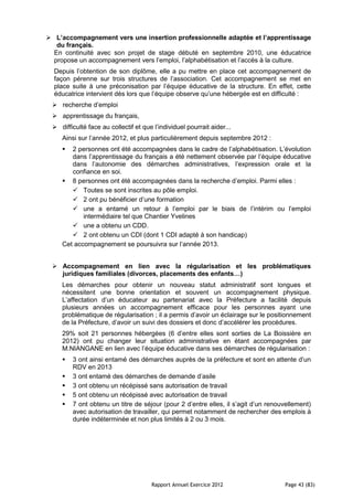  L’accompagnement vers une insertion professionnelle adaptée et l’apprentissage
   du français.
  En continuité avec son projet de stage débuté en septembre 2010, une éducatrice
  propose un accompagnement vers l’emploi, l’alphabétisation et l’accès à la culture.
  Depuis l’obtention de son diplôme, elle a pu mettre en place cet accompagnement de
  façon pérenne sur trois structures de l’association. Cet accompagnement se met en
  place suite à une préconisation par l’équipe éducative de la structure. En effet, cette
  éducatrice intervient dès lors que l’équipe observe qu’une hébergée est en difficulté :
  recherche d’emploi
  apprentissage du français,
  difficulté face au collectif et que l’individuel pourrait aider...
     Ainsi sur l’année 2012, et plus particulièrement depuis septembre 2012 :
       2 personnes ont été accompagnées dans le cadre de l’alphabétisation. L’évolution
        dans l’apprentissage du français a été nettement observée par l’équipe éducative
        dans l’autonomie des démarches administratives, l’expression orale et la
        confiance en soi.
      8 personnes ont été accompagnées dans la recherche d’emploi. Parmi elles :
         Toutes se sont inscrites au pôle emploi.
         2 ont pu bénéficier d’une formation
         une a entamé un retour à l’emploi par le biais de l’intérim ou l’emploi
            intermédiaire tel que Chantier Yvelines
         une a obtenu un CDD.
         2 ont obtenu un CDI (dont 1 CDI adapté à son handicap)
     Cet accompagnement se poursuivra sur l’année 2013.


  Accompagnement en lien avec la régularisation et les problématiques
   juridiques familiales (divorces, placements des enfants…)
     Les démarches pour obtenir un nouveau statut administratif sont longues et
     nécessitent une bonne orientation et souvent un accompagnement physique.
     L’affectation d’un éducateur au partenariat avec la Préfecture a facilité depuis
     plusieurs années un accompagnement efficace pour les personnes ayant une
     problématique de régularisation ; il a permis d’avoir un éclairage sur le positionnement
     de la Préfecture, d’avoir un suivi des dossiers et donc d’accélérer les procédures.
     29% soit 21 personnes hébergées (6 d’entre elles sont sorties de La Boissière en
     2012) ont pu changer leur situation administrative en étant accompagnées par
     M.NIANGANE en lien avec l’équipe éducative dans ses démarches de régularisation :
        3 ont ainsi entamé des démarches auprès de la préfecture et sont en attente d’un
         RDV en 2013
        3 ont entamé des démarches de demande d’asile
        3 ont obtenu un récépissé sans autorisation de travail
        5 ont obtenu un récépissé avec autorisation de travail
        7 ont obtenu un titre de séjour (pour 2 d’entre elles, il s’agit d’un renouvellement)
         avec autorisation de travailler, qui permet notamment de rechercher des emplois à
         durée indéterminée et non plus limités à 2 ou 3 mois.




                                      Rapport Annuel Exercice 2012                  Page 43 (83)
 