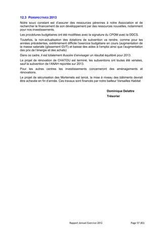 12.3 PERSPECTIVES 2013
Notre souci constant est d’assurer des ressources pérennes à notre Association et de
rechercher le financement de son développement par des ressources nouvelles, notamment
pour nos investissements.
Les procédures budgétaires ont été modifiées avec la signature du CPOM avec la DDCS.
Toutefois, la non-actualisation des dotations de subvention va rendre, comme pour les
années précédentes, extrêmement difficile l’exercice budgétaire en cours (augmentation de
la masse salariale (glissement GVT) et baisse des aides à l’emploi ainsi que l’augmentation
des prix de l’énergie et des achats)
Dans ce cadre, il est totalement illusoire d’envisager un résultat équilibré pour 2013.
Le projet de rénovation de CHATOU est terminé, les subventions ont toutes été versées,
sauf la subvention de l’ANAH reportée sur 2013.
Pour les autres centres les investissements concerneront des aménagements et
rénovations.
Le projet de sécurisation des Mortemets est lancé, la mise à niveau des bâtiments devrait
être achevée en fin d’année. Ces travaux sont financés par notre bailleur Versailles Habitat


                                                                     Dominique Delattre
                                                                     Trésorier




                                      Rapport Annuel Exercice 2012                    Page 57 (83)
 