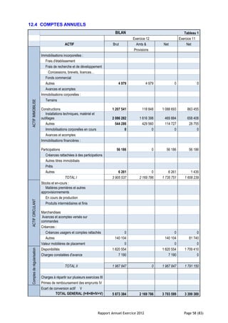 12.4 COMPTES ANNUELS
                                                                                  BILAN                                       Tableau 1
                                                                                             Exercice 12                   Exercice 11
                                              ACTIF                              Brut          Amts &          Net              Net
                                                                                             Provisions
                             Immobilisations incorporelles :
                               Frais d'établissement
                               Frais de recherche et de développement
                                 Concessions, brevets, licences…
                               Fonds commercial
                               Autres                                               4 979              4 979          0              0
                               Avances et acomptes
                             Immobilisations corporelles :
                               Terrains
 ACTIF IMMOBILISE




                             Constructions                                      1 207 541          118 848     1 088 693        863 455
                                Installations techniques, matériel et
                             outillages                                         2 086 282        1 616 398      469 884         658 408
                                Autres                                            544 288          429 560      114 727          28 755
                                Immobilisations corporelles en cours                    0                0            0               0
                                Avances et acomptes
                             Immobilisations financières :

                             Participations                                        56 186                  0     56 186          56 186
                                Créances rattachées à des participations
                                Autres titres immobilisés
                                Prêts
                                Autres                                              6 261                0         6 261          1 435
                                               TOTAL I                          3 905 537        2 169 786     1 735 751      1 608 239
                             Stocks et en-cours :
                                Matières premières et autres
                             approvisionnements
                                En cours de production
 ACTIF CIRCULANT




                                Produits intermédiaires et finis

                             Marchandises
                              Avances et acomptes versés sur
                             commandes
                             Créances :
                                Créances usagers et comptes rattachés                   0                              0              0
                                Autres                                            140 104                        140 104         81 740
                             Valeur mobilières de placement                             0                              0              0
                             Disponibilités                                     1 820 554                      1 820 554      1 709 410
 Comptes de régularisation




                             Charges constatées d'avance                            7 190                          7 190              0

                                              TOTAL II                          1 967 847                  0   1 967 847      1 791 150

                             Charges à répartir sur plusieurs exercices III
                             Primes de remboursement des emprunts IV
                             Ecart de conversion actif V
                                       TOTAL GENERAL (I+II+III+IV+V)            5 873 384        2 169 786     3 703 599      3 399 389



                                                                        Rapport Annuel Exercice 2012                          Page 58 (83)
 