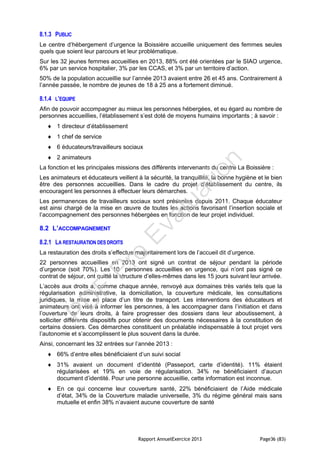 Rapport AnnuelExercice 2013 Page36 (83)
8.1.3 PUBLIC
Le centre d’hébergement d’urgence la Boissière accueille uniquement des femmes seules
quels que soient leur parcours et leur problématique.
Sur les 32 jeunes femmes accueillies en 2013, 88% ont été orientées par le SIAO urgence,
6% par un service hospitalier, 3% par les CCAS, et 3% par un territoire d’action.
50% de la population accueillie sur l’année 2013 avaient entre 26 et 45 ans. Contrairement à
l’année passée, le nombre de jeunes de 18 à 25 ans a fortement diminué.
8.1.4 L’EQUIPE
Afin de pouvoir accompagner au mieux les personnes hébergées, et eu égard au nombre de
personnes accueillies, l’établissement s’est doté de moyens humains importants ; à savoir :
 1 directeur d’établissement
 1 chef de service
 6 éducateurs/travailleurs sociaux
 2 animateurs
La fonction et les principales missions des différents intervenants du centre La Boissière :
Les animateurs et éducateurs veillent à la sécurité, la tranquillité, la bonne hygiène et le bien
être des personnes accueillies. Dans le cadre du projet d’établissement du centre, ils
encouragent les personnes à effectuer leurs démarches.
Les permanences de travailleurs sociaux sont présentes depuis 2011. Chaque éducateur
est ainsi chargé de la mise en œuvre de toutes les actions favorisant l’insertion sociale et
l’accompagnement des personnes hébergées en fonction de leur projet individuel.
8.2 L’ACCOMPAGNEMENT
8.2.1 LA RESTAURATION DES DROITS
La restauration des droits s’effectue majoritairement lors de l’accueil dit d’urgence.
22 personnes accueillies en 2013 ont signé un contrat de séjour pendant la période
d’urgence (soit 70%). Les 10 personnes accueillies en urgence, qui n’ont pas signé ce
contrat de séjour, ont quitté la structure d’elles-mêmes dans les 15 jours suivant leur arrivée.
L’accès aux droits a, comme chaque année, renvoyé aux domaines très variés tels que la
régularisation administrative, la domiciliation, la couverture médicale, les consultations
juridiques, la mise en place d’un titre de transport. Les interventions des éducateurs et
animateurs ont visé à informer les personnes, à les accompagner dans l’initiation et dans
l’ouverture de leurs droits, à faire progresser des dossiers dans leur aboutissement, à
solliciter différents dispositifs pour obtenir des documents nécessaires à la constitution de
certains dossiers. Ces démarches constituent un préalable indispensable à tout projet vers
l’autonomie et s’accomplissent le plus souvent dans la durée.
Ainsi, concernant les 32 entrées sur l’année 2013 :
 66% d’entre elles bénéficiaient d’un suivi social
 31% avaient un document d’identité (Passeport, carte d’identité). 11% étaient
régularisées et 19% en voie de régularisation. 34% ne bénéficiaient d’aucun
document d’identité. Pour une personne accueillie, cette information est inconnue.
 En ce qui concerne leur couverture santé, 22% bénéficiaient de l’Aide médicale
d’état, 34% de la Couverture maladie universelle, 3% du régime général mais sans
mutuelle et enfin 38% n’avaient aucune couverture de santé
PD
F
Pro
Evaluation
 