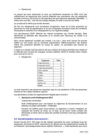 Rapport Annuel Exercice 2013 Page 13 (83)
Ressources
La plupart est sans ressources et ceux qui bénéficient seulement du RSA n’ont pas
suffisamment de ressources pour pouvoir prétendre aux orientations vers les résidences
sociales (minimum 700 euros) ou les logements de type logement passerelle (SOLIBAIL…)
même avec une APL. Une fois les charges déduites, le reste à vivre est très faible.
Le constat est le même que l’année dernière.
De fait, les relogements sont minoritaires compte-tenu aussi de la forte proportion de
personnes en voie de régularisation et du peu d’hébergés réunissant toutes les conditions
nécessaires à l’obtention d’un hébergement ou d’un logement adapté.
Les permanences CESF affichent les mêmes constantes que l’année dernière. Elles
démontrent la faiblesse des ressources et le constat pour beaucoup de crédits à la
consommation.
Nous avons également constaté que l’emploi « au noir », sans avoir encore de sources
fiables sur une année, est en constante augmentation. Malheureusement, ces emplois
même s’ils paraissent attractifs au niveau du salaire, ne permettent pas d’accès au
logement.
L’accès à un emploi n’est pas aisé du fait pour certains de longues périodes sans emploi et
la difficulté pour d’autres de conjuguer souvent addiction alcool et maintien dans l’emploi
pour ceux qui en ont un.
Relogement
Logement Nbre
Logement privé 1
Logement social 0
Logement passerelle 5
Amis, famille 0
CHRS 2
CADA 0
Hôtel 0
Hôpital 0
Squatt, rue 126
Total 134
La forte proportion des personnes ressorties dans la rue représente à 95% les personnes
entrées sur les nuitées d’extrême urgence.
Les demandeurs d’asile ont majoritairement intégrés des C.H.U.D.A
Sanctions/ arrêt d’hébergement 2013
3 personnes concernées :
Arrêt d’hébergement pour non-respect du règlement de fonctionnement et non
adhésion au projet individualisé : 3 hébergés.
D’autres ont préféré partir d’eux-mêmes. Le règlement à travers l’obligation de
respecter les horaires de retour sur le foyer ou de devoir rendre compte des
démarches à mener dans le cadre des contrats d’insertion sont trop contraignants
pour eux.
4.3 ACCOMPAGNEMENT SOCIO-EDUCATIF :
Durant l’année 2013, 760 actes ont été réalisés (entretiens de suivis, synthèses avec les
partenaires, permanence CESF, permanence du référent pour les régularisations auprès de
la Préfecture, accompagnements divers (hôpital, Préfecture…). Cela représente plus d’une
 