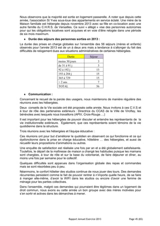 Rapport Annuel Exercice 2013 Page 45 (83)
Nous observons que la majorité est sortie en logement passerelle. A noter que depuis cette
année, l’association St Yves sous-loue des appartements en service éclaté. Une mère de la
Maison familiale est hébergée depuis novembre 2013 avec sa fille en co-location avec une
autre famille du C.H.R.S. de Versailles. Ce suivi « allégé » vise des personnes autonomes
pour qui les obligations locatives sont acquises et en voie d’être relogée dans une période
de six mois maximum.
♦ Durée des séjours des personnes sorties en 2013 :
La durée des prises en charge globales sur l’ensemble des 56 séjours (mères et enfants)
observés pour l’année 2013 est de un à deux ans mais a tendance à s’allonger du fait des
difficultés de relogement dues aux situations administratives de certaines hébergées.
Durée Séjour
moins 30 jours 3
de 31 à 91 j 3
92 à 192 j 13
193 à 284 j 15
365 à 729 15
> 2 ans 7
TOTAL 56
♦ Communication :
Concernant le recueil de la parole des usagers, nous maintenons de manière régulière des
réunions avec les hébergées.
Deux conseils de la Vie sociale ont été proposés cette année. Nous invitons à ces C.V.S et
à tour de rôle des partenaires extérieurs : Directrice du CCAS de la Ville de Viroflay, les
bénévoles avec lesquels nous travaillons (APIV, Croix-Rouge….)
Il est important pour les hébergées de pouvoir discuter et entendre les représentants de la
vie institutionnelle extérieure. Egalement, que ces représentants soient témoins de la vie
quotidienne dans la structure.
Trois réunions avec les hébergées et l’équipe éducative :
Ces réunions ont pour but d’améliorer le quotidien en observant ce qui fonctionne et ce qui
dysfonctionne dans la prise en charge éducative, hôtelière … des hébergées, et aussi de
recueillir leurs propositions d’animations ou autres.
Une enquête de satisfaction est réalisée une fois par an et a été globalement satisfaisante.
Toutefois, le départ de la maîtresse de maison a changé les habitudes puisque les mamans
sont chargées, à tour de rôle et sur la base du volontariat, de faire déjeuner et dîner, au
moins une fois par semaine pour le collectif.
Quelques difficultés sont apparues dans l’organisation globale des repas et commandes
mais se sont résorbées peu à peu.
Néanmoins, le confort hôtelier des studios continue de nous jouer des tours. Des demandes
récurrentes persistent comme le fait de pouvoir rentrer à n’importe quelle heure, de se faire
à manger elle-même, d’avoir la WIFI dans les studios ou encore d’avoir une femme de
ménage pour les parties collectives.
Dans l’ensemble, malgré ces demandes qui pourraient être légitimes dans un logement de
droit commun, nous avons eu cette année un bon groupe avec des mères motivées pour
s’en sortir et actives dans les démarches à mener.
 