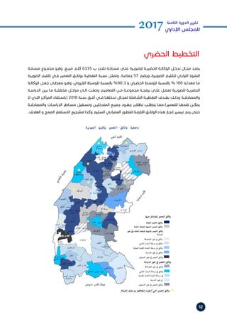 12
2017‫الثامنة‬ ‫الدورة‬ ‫تقرير‬
‫اإلداري‬ ‫للمجلس‬
‫ـاحة‬‫ـ‬‫مس‬ ‫ـوع‬‫ـ‬‫مجم‬ ‫ـو‬‫ـ‬‫وه‬ ،‫ـع‬‫ـ‬‫مرب‬ ‫ـم‬‫ـ‬‫كل‬ 6335 ‫ب‬ ‫ـدر‬‫ـ‬‫تق‬ ‫ـاحة‬‫ـ‬‫مس‬ ‫ـى‬‫ـ‬‫عل‬ ‫ـرة‬‫ـ‬‫للصوي‬ ‫ـة‬‫ـ‬‫الحضري‬ ‫ـة‬‫ـ‬‫الوكال‬ ‫ـل‬‫ـ‬‫تدخ‬ ‫ـال‬‫ـ‬‫مج‬ ‫ـد‬‫ـ‬‫يمت‬
‫ـرة‬‫ـ‬‫الصوي‬ ‫ـم‬‫ـ‬‫إقلي‬ ‫ـي‬‫ـ‬‫ف‬ ‫ـر‬‫ـ‬‫التعمي‬ ‫ـق‬‫ـ‬‫بوثائ‬ ‫ـة‬‫ـ‬‫التغطي‬ ‫ـبة‬‫ـ‬‫نس‬ ‫ـل‬‫ـ‬‫وتمث‬ .‫ـة‬‫ـ‬‫جماع‬ 57 ‫ـم‬‫ـ‬‫ويض‬ ،‫ـرة‬‫ـ‬‫الصوي‬ ‫ـم‬‫ـ‬‫إلقلي‬ ‫ـي‬‫ـ‬‫اب‬‫ر‬‫الت‬ ‫ـوذ‬‫ـ‬‫النف‬
‫ـة‬‫ـ‬‫الوكال‬ ‫ـل‬‫ـ‬‫جع‬ ‫ـى‬‫ـ‬‫معط‬ ‫ـو‬‫ـ‬‫وه‬ ،‫ـروي‬‫ـ‬‫الق‬ ‫ـط‬‫ـ‬‫للوس‬ ‫ـبة‬‫ـ‬‫بالنس‬ %90.3 ‫و‬ ‫ـري‬‫ـ‬‫الحض‬ ‫ـط‬‫ـ‬‫للوس‬ ‫ـبة‬‫ـ‬‫بالنس‬ % 100 ‫ـه‬‫ـ‬‫معدل‬ ‫ـا‬‫ـ‬‫م‬
‫ـة‬‫ـ‬‫اس‬‫ر‬‫الد‬ ‫ـن‬‫ـ‬‫بي‬ ‫ـا‬‫ـ‬‫م‬ ‫ـة‬‫ـ‬‫مختلف‬ ‫ـل‬‫ـ‬‫اح‬‫ر‬‫م‬ ‫ـى‬‫ـ‬‫إل‬ ‫ـت‬‫ـ‬‫وصل‬ ‫ـم‬‫ـ‬‫التصامي‬ ‫ـن‬‫ـ‬‫م‬ ‫ـة‬‫ـ‬‫مجموع‬ ‫ـة‬‫ـ‬‫برمج‬ ‫ـى‬‫ـ‬‫عل‬ ‫ـل‬‫ـ‬‫تعم‬ ‫ـرة‬‫ـ‬‫للصوي‬ ‫ـة‬‫ـ‬‫الحضري‬
‫ال‬ ‫ـي‬‫ـ‬‫الت‬ ‫ـز‬‫ـ‬‫اك‬‫ر‬‫الم‬ ‫ـتثناء‬‫ـ‬‫(باس‬ 2018 ‫ـنة‬‫ـ‬‫س‬ ‫ـق‬‫ـ‬‫أف‬ ‫ـي‬‫ـ‬‫ف‬ ‫ـا‬‫ـ‬‫تدخله‬ ‫ـال‬‫ـ‬‫لمج‬ ‫ـاملة‬‫ـ‬‫الش‬ ‫ـة‬‫ـ‬‫التغطي‬ ‫ـدف‬‫ـ‬‫به‬ ‫ـك‬‫ـ‬‫وذل‬ ‫ـة‬‫ـ‬‫والمصادق‬
‫ـة‬‫ـ‬‫والمصادق‬ ‫ـات‬‫ـ‬‫اس‬‫ر‬‫الد‬ ‫ـاطر‬‫ـ‬‫مس‬ ‫ـهيل‬‫ـ‬‫وتس‬ ‫ـن‬‫ـ‬‫المتدخلي‬ ‫ـع‬‫ـ‬‫جمي‬ ‫ـود‬‫ـ‬‫جه‬ ‫ـر‬‫ـ‬‫تظاف‬ ‫ـب‬‫ـ‬‫يتطل‬ ‫ـا‬‫ـ‬‫للتعمير).مم‬ ‫ـا‬‫ـ‬‫فتحه‬ ‫ـن‬‫ـ‬‫يمك‬
.‫الهادف‬ ‫و‬ ‫ـج‬‫ـ‬‫المنت‬ ‫ـتثمار‬‫ـ‬‫االس‬ ‫ـجيع‬‫ـ‬‫لتش‬ ‫وكذا‬ ‫ـليم‬‫ـ‬‫الس‬ ‫ـي‬‫ـ‬‫ان‬‫ر‬‫العم‬ ‫ـور‬‫ـ‬‫للتط‬ ‫ـة‬‫ـ‬‫الالزم‬ ‫ـق‬‫ـ‬‫الوثائ‬ ‫ـذه‬‫ـ‬‫ه‬ ‫ـاز‬‫ـ‬‫إنج‬ ‫ـير‬‫ـ‬‫تيس‬ ‫ـم‬‫ـ‬‫يت‬ ‫ـى‬‫ـ‬‫حت‬
‫الحضري‬ ‫التخطيط‬
 