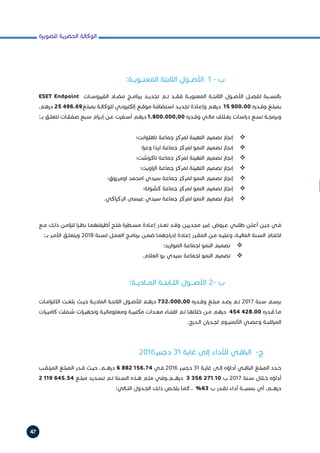 ‫للصويرة‬ ‫الحضرية‬ ‫الوكالة‬
47
ESET Endpoint ‫الفيروســات‬ ‫مضــاد‬ ‫برنامــج‬ ‫تجديــد‬ ‫تــم‬ ‫فقــد‬ ‫المعنويــة‬ ‫الثابتــة‬ ‫األصــول‬ ‫لفصــل‬ ‫بالنســبة‬
،‫ـم‬‫ـ‬‫دره‬ 25 496.69‫ـغ‬‫ـ‬‫بمبل‬ ‫ـة‬‫ـ‬‫للوكال‬ ‫ـي‬‫ـ‬‫إلكترون‬ ‫ـع‬‫ـ‬‫موق‬ ‫ـتضافة‬‫ـ‬‫اس‬ ‫ـد‬‫ـ‬‫تجدي‬ ‫ـادة‬‫ـ‬‫وإع‬ ‫ـم‬‫ـ‬‫دره‬ 15 900.00 ‫ـدره‬‫ـ‬‫وق‬ ‫ـغ‬‫ـ‬‫بمبل‬
:‫ــ‬‫ـ‬‫ب‬ ‫ـق‬‫ـ‬‫تتعل‬ ‫ـات‬‫ـ‬‫صفق‬ ‫ـبع‬‫ـ‬‫س‬ ‫ام‬‫ر‬‫ـ‬‫ـ‬‫إب‬ ‫ـن‬‫ـ‬‫ع‬ ‫ـفرت‬‫ـ‬‫أس‬ ‫ـم‬‫ـ‬‫دره‬ 1.800.000,00 ‫ـدره‬‫ـ‬‫وق‬ ‫ـي‬‫ـ‬‫مال‬ ‫ـاف‬‫ـ‬‫بغ‬ ‫ـات‬‫ـ‬‫اس‬‫ر‬‫د‬ ‫ـع‬‫ـ‬‫تس‬ ‫ـة‬‫ـ‬‫وبرمج‬
‫ـع‬‫ـ‬‫م‬ ‫ـك‬‫ـ‬‫ذل‬ ‫ـن‬‫ـ‬‫ام‬‫ز‬‫لت‬ ‫ا‬‫ر‬‫ـ‬‫ـ‬‫نظ‬ ‫ـا‬‫ـ‬‫أظرفتهم‬ ‫ـح‬‫ـ‬‫فت‬ ‫ـطرة‬‫ـ‬‫مس‬ ‫ـادة‬‫ـ‬‫إع‬ ‫ـذر‬‫ـ‬‫تع‬ ‫ـد‬‫ـ‬‫وق‬ ‫ـن‬‫ـ‬‫مجديي‬ ‫ـر‬‫ـ‬‫غي‬ ‫ـروض‬‫ـ‬‫ع‬ ‫ـي‬‫ـ‬‫طلب‬ ‫ـن‬‫ـ‬‫أعل‬ ‫ـن‬‫ـ‬‫حي‬ ‫ـي‬‫ـ‬‫ف‬
:‫ــ‬‫ـ‬‫ب‬ ‫ـر‬‫ـ‬‫األم‬ ‫ـق‬‫ـ‬‫ويتعل‬ 2018 ‫ـنة‬‫ـ‬‫لس‬ ‫ـل‬‫ـ‬‫العم‬ ‫ـج‬‫ـ‬‫برنام‬ ‫ـن‬‫ـ‬‫ضم‬ ‫ـا‬‫ـ‬‫اجهم‬‫ر‬‫إد‬ ‫ـادة‬‫ـ‬‫إع‬ ‫ـرر‬‫ـ‬‫المق‬ ‫ـن‬‫ـ‬‫م‬ ‫ـه‬‫ـ‬‫وعلي‬ ،‫ـة‬‫ـ‬‫المالي‬ ‫ـنة‬‫ـ‬‫الس‬ ‫ـام‬‫ـ‬‫اختت‬
‫المواريد؛‬ ‫لجماعة‬ ‫النمو‬ ‫تصميم‬  		
.‫العالم‬ ‫بو‬ ‫سيدي‬ ‫لجماعة‬ ‫النمو‬ ‫تصميم‬  		
‫ـات‬‫ـ‬‫ام‬‫ز‬‫االلت‬ ‫ـت‬‫ـ‬‫بلغ‬ ‫ـث‬‫ـ‬‫حي‬ ‫ـة‬‫ـ‬‫المادي‬ ‫ـة‬‫ـ‬‫الثابت‬ ‫ـول‬‫ـ‬‫لألص‬ ‫ـم‬‫ـ‬‫دره‬ 732.000,00 ‫ـدره‬‫ـ‬‫وق‬ ‫ـغ‬‫ـ‬‫مبل‬ ‫ـد‬‫ـ‬‫رص‬ ‫ـم‬‫ـ‬‫ت‬ 2017 ‫ـنة‬‫ـ‬‫س‬ ‫ـم‬‫ـ‬‫برس‬
‫ات‬‫ر‬‫ـ‬‫ـ‬‫كامي‬ ‫ـملت‬‫ـ‬‫ش‬ ‫ات‬‫ز‬‫ـ‬‫ـ‬‫وتجهي‬ ‫ـة‬‫ـ‬‫ومعلوماتي‬ ‫ـة‬‫ـ‬‫مكتبي‬ ‫ـدات‬‫ـ‬‫مع‬ ‫ـاء‬‫ـ‬‫اقتن‬ ‫ـم‬‫ـ‬‫ت‬ ‫ـا‬‫ـ‬‫خالله‬ ‫ـن‬‫ـ‬‫م‬ ‫ـم‬‫ـ‬‫دره‬ 454 428.00 ‫ـدره‬‫ـ‬‫ق‬ ‫ـا‬‫ـ‬‫م‬
.‫ـدرج‬‫ـ‬‫ال‬ ‫ان‬‫ر‬‫ـد‬‫ـ‬‫لج‬ ‫ـوم‬‫ـ‬‫األلمني‬ ‫ـي‬‫ـ‬‫وعص‬ ‫ـة‬‫ـ‬‫اقب‬‫ر‬‫الم‬
‫ـب‬‫ـ‬‫المرتق‬ ‫ـغ‬‫ـ‬‫المبل‬ ‫ـدر‬‫ـ‬‫ق‬ ‫ـث‬‫ـ‬‫حي‬ ،‫ـم‬‫ـ‬‫درهــ‬ 6 882 156.74 ‫ـي‬‫ـ‬‫ف‬ 2016 ‫ـر‬‫ـ‬‫دجنب‬ 31 ‫ـة‬‫ـ‬‫غاي‬ ‫ـى‬‫ـ‬‫إل‬ ‫أداؤه‬ ‫ـي‬‫ـ‬‫الباق‬ ‫ـغ‬‫ـ‬‫المبل‬ ‫ـدد‬‫ـ‬‫ح‬
2 119 645.54 ‫ـغ‬‫ـ‬‫مبل‬ ‫ـديد‬‫ـ‬‫تس‬ ‫ـم‬‫ـ‬‫ت‬ ‫ـنة‬‫ـ‬‫الس‬ ‫ـذه‬‫ـ‬‫ه‬ ‫ـم‬‫ـ‬‫مت‬ ‫ـم،وفي‬‫ـ‬‫درهــ‬ 3 356 271.10 ‫ب‬ 2017 ‫ـنة‬‫ـ‬‫س‬ ‫ـال‬‫ـ‬‫خ‬ ‫أداؤه‬
:‫ـالي‬‫ـ‬‫التـ‬ ‫ـدول‬‫ـ‬‫الج‬ ‫ـك‬‫ـ‬‫ذل‬ ‫ـص‬‫ـ‬‫يلخ‬ ‫ـا‬‫ـ‬‫كم‬ ، %63 ‫ب‬ ‫ـدر‬‫ـ‬‫تق‬ ‫أداء‬ ‫ـة‬‫ـ‬‫بنسبــ‬ ‫أي‬ ،‫ـم‬‫ـ‬‫درهــ‬
‫تاهلوانت؛‬ ‫جماعة‬ ‫لمركز‬ ‫التهيئة‬ ‫تصميم‬ ‫إنجاز‬ 
‫ا؛‬‫ز‬‫وع‬ ‫ايذا‬ ‫جماعة‬ ‫لمركز‬ ‫النمو‬ ‫تصميم‬ ‫إنجاز‬ 
‫تاكوشت؛‬ ‫جماعة‬ ‫لمركز‬ ‫التهيئة‬ ‫تصميم‬ ‫إنجاز‬ 
‫اويت؛‬‫ز‬‫ال‬ ‫جماعة‬ ‫لمركز‬ ‫التهيئة‬ ‫تصميم‬ ‫إنجاز‬ 
‫اومرزوق؛‬ ‫امحمد‬ ‫سيدي‬ ‫جماعة‬ ‫لمركز‬ ‫النمو‬ ‫تصميم‬ ‫إنجاز‬ 
‫كشولة؛‬ ‫جماعة‬ ‫لمركز‬ ‫النمو‬ ‫تصميم‬ ‫إنجاز‬ 
.‫اكي‬‫ر‬‫الرك‬ ‫عيسى‬ ‫سيدي‬ ‫جماعة‬ ‫لمركز‬ ‫النمو‬ ‫تصميم‬ ‫إنجاز‬ 
:‫المعنــويــة‬ ‫الثابتة‬ ‫األصــول‬ 1 - ‫ب‬
:‫المــاديــة‬ ‫الثــابتــة‬ ‫األصـــول‬ 2- ‫ب‬
2016‫دجنبر‬ 31 ‫غاية‬ ‫إلى‬ ‫لألداء‬ ‫الباقـي‬ -‫ج‬
 
